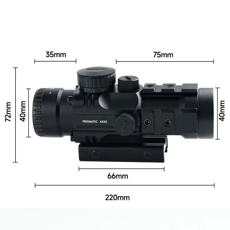 4x32 Tactical Trilateral Rail Prism Scope - Red/Green/Blue Crosshair Reticle - Adjustable Optic Sight for Airsoft Rifles - 20mm Rail Mount - Perfect for Tactical Shooting, Hunting & Outdoor Adventures