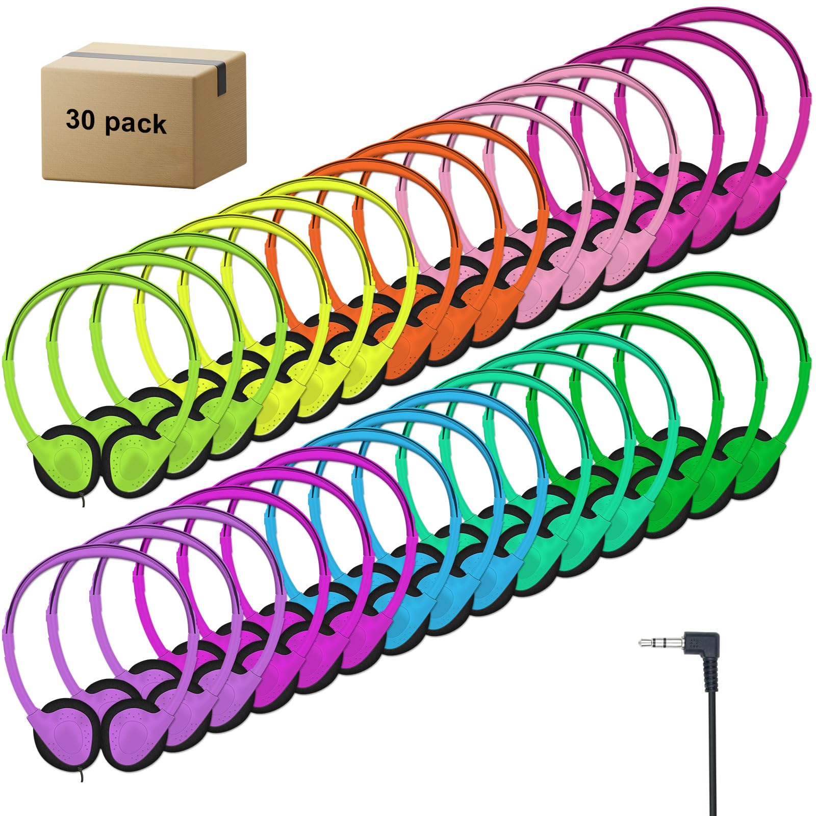 Bulk Classroom Headphones for Kids - 30 Pack Multi-Color Children's Headphones with 3.5mm Jack - Durable School Headphones for Students, Libraries, Computer Labs & Testing Centers - Perfect for Online Learning, Educational Activities & Quiet Study Environments