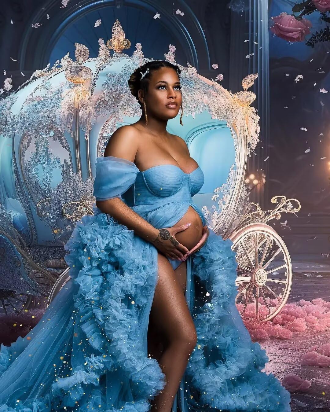 Elegant Maternity Dress for Women - Tulle Robe with Puffy Ruffles, Bridal Lingerie & Illusion Wedding Scarf for Photoshoots, Maternity Photos, and Special Occasions