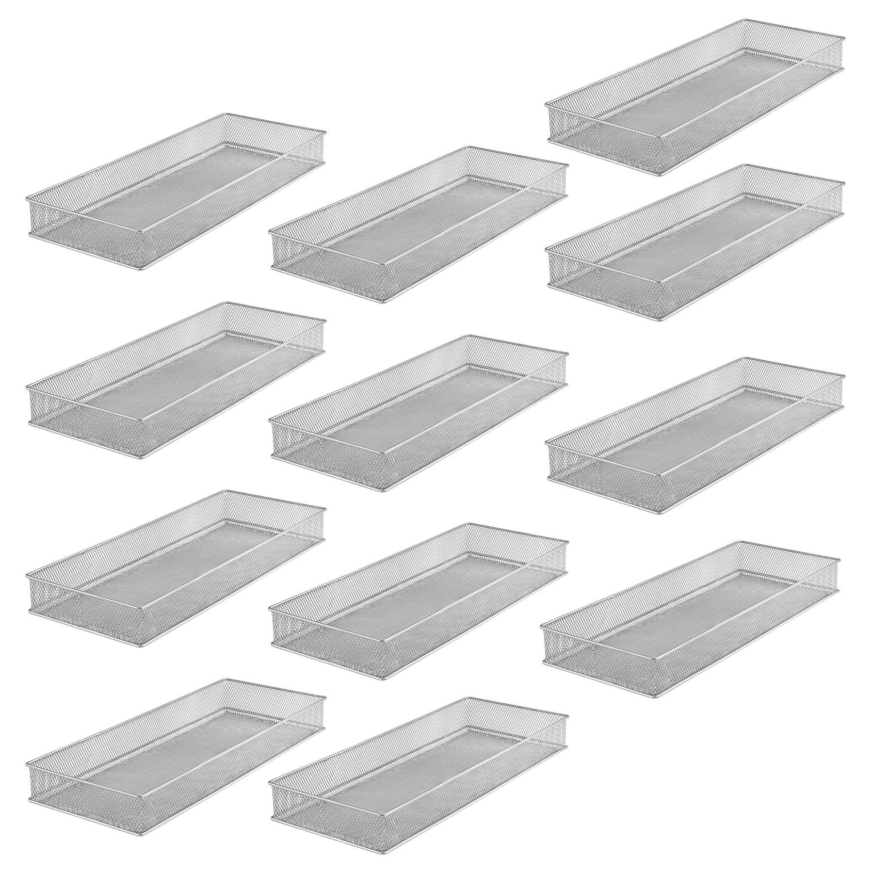 YBM HOME Silver Mesh Drawer Organizer Bins - 6x15x2 Inch Set of 12 - Perfect for School Supplies, Office Desktop & Cabinet Storage - Ideal for Classroom, Home Office and Dorm Organization