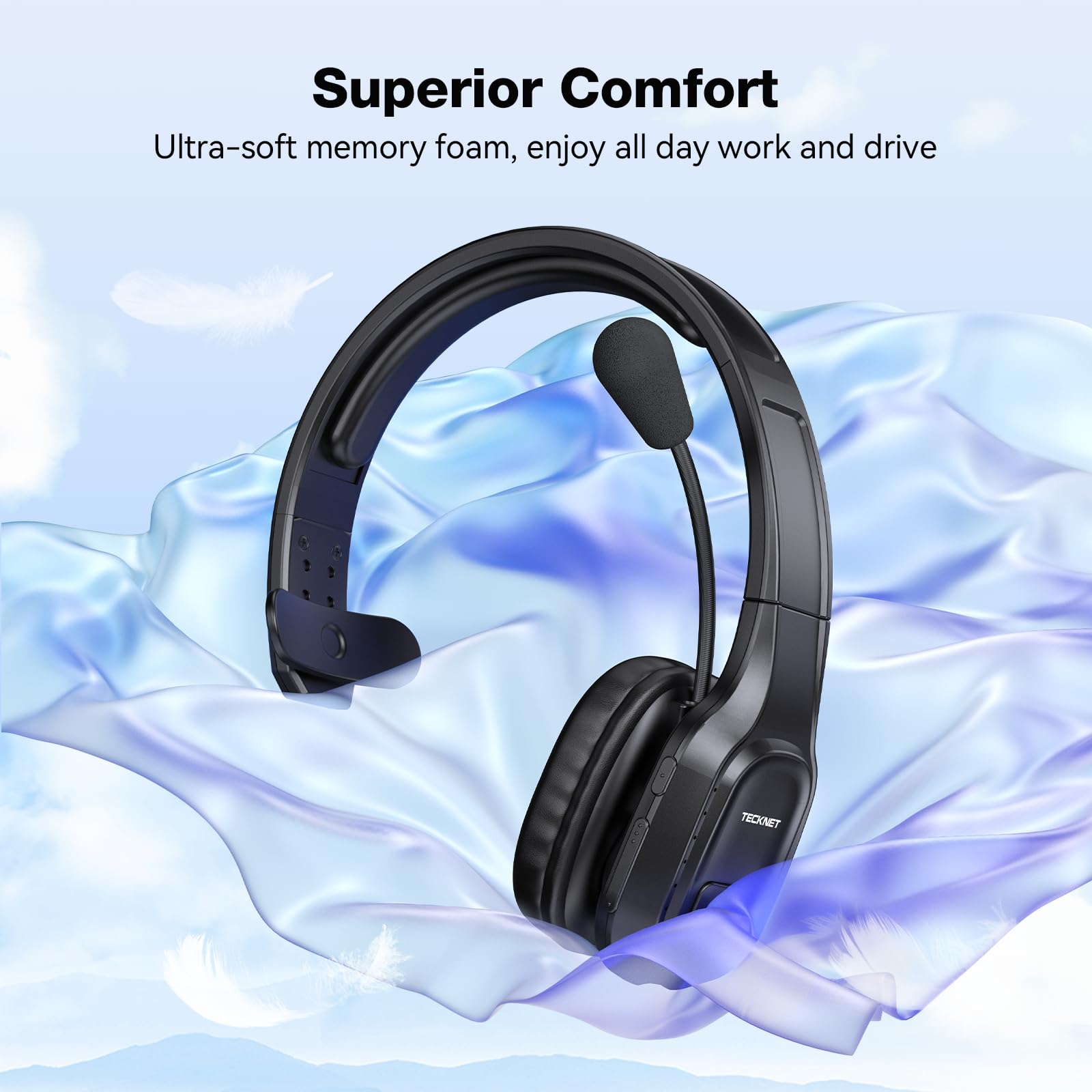 TECKNET Trucker Bluetooth Headphones with Microphone | Wireless Noise Canceling On-Ear Headset | Hands-Free for Cell Phone, Computer, Office & Home | Ideal for Call Centers, Skype Calls & Long-Distance Driving