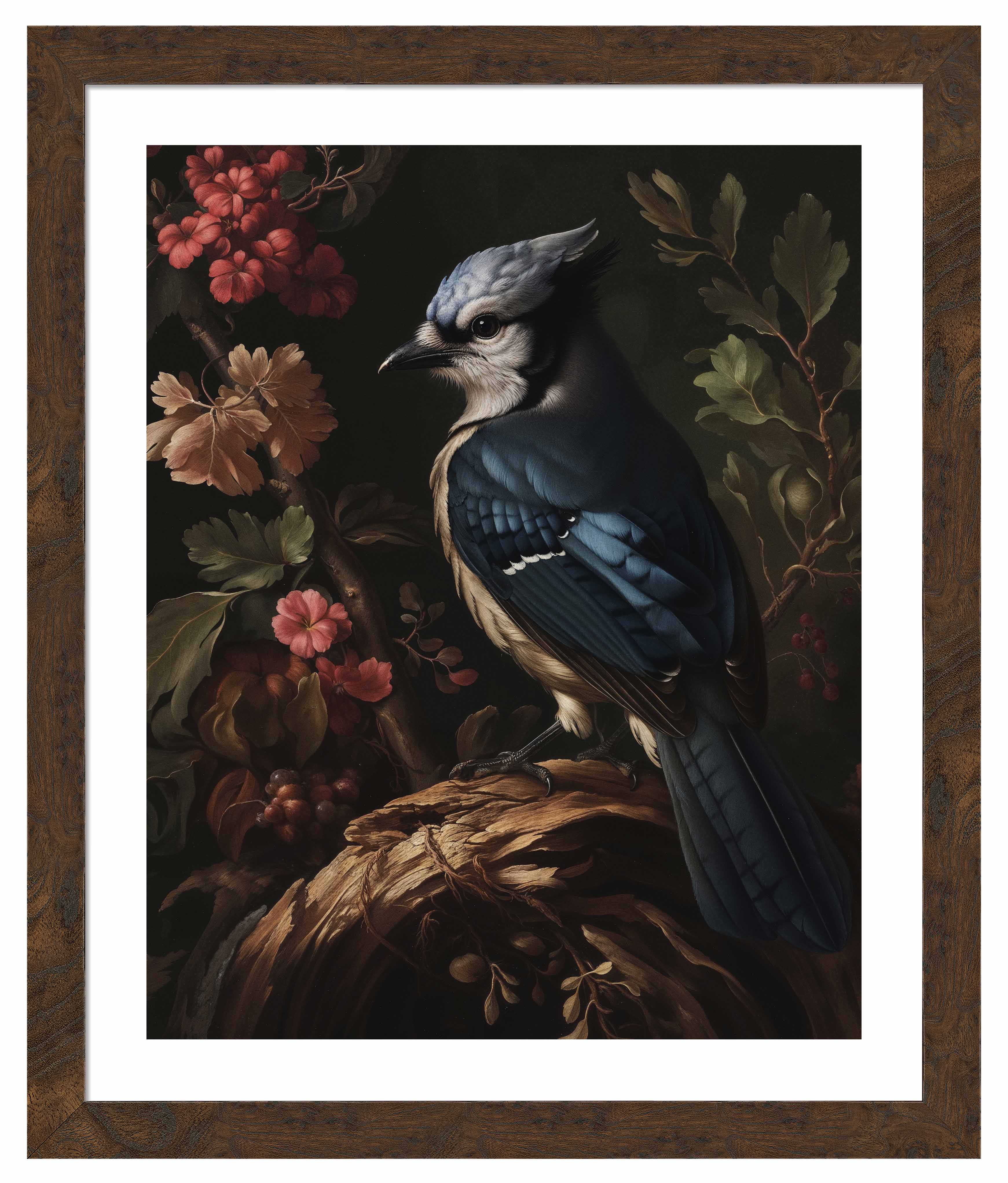 Blue Jay Amongst Flora - Elegant Nature Art Print for Home & Office Decor - Perfect for Living Room, Bedroom, or Gift