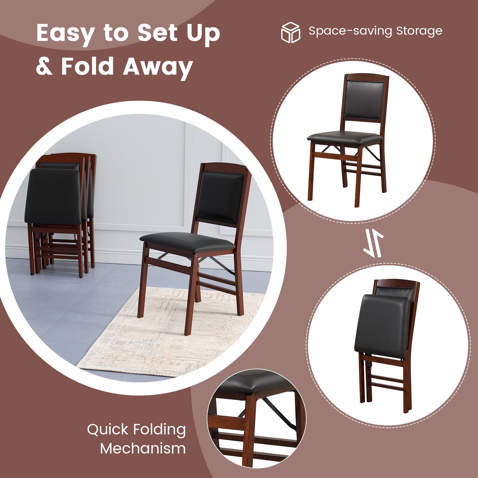 GOFLAME 4-Pack Folding Dining Chairs Set - Wooden Frame with PVC Padded Seat & High Backrest, Space-Saving Foldable Chairs for Kitchen, Living Room, Restaurant, Patio, and Outdoor Dining