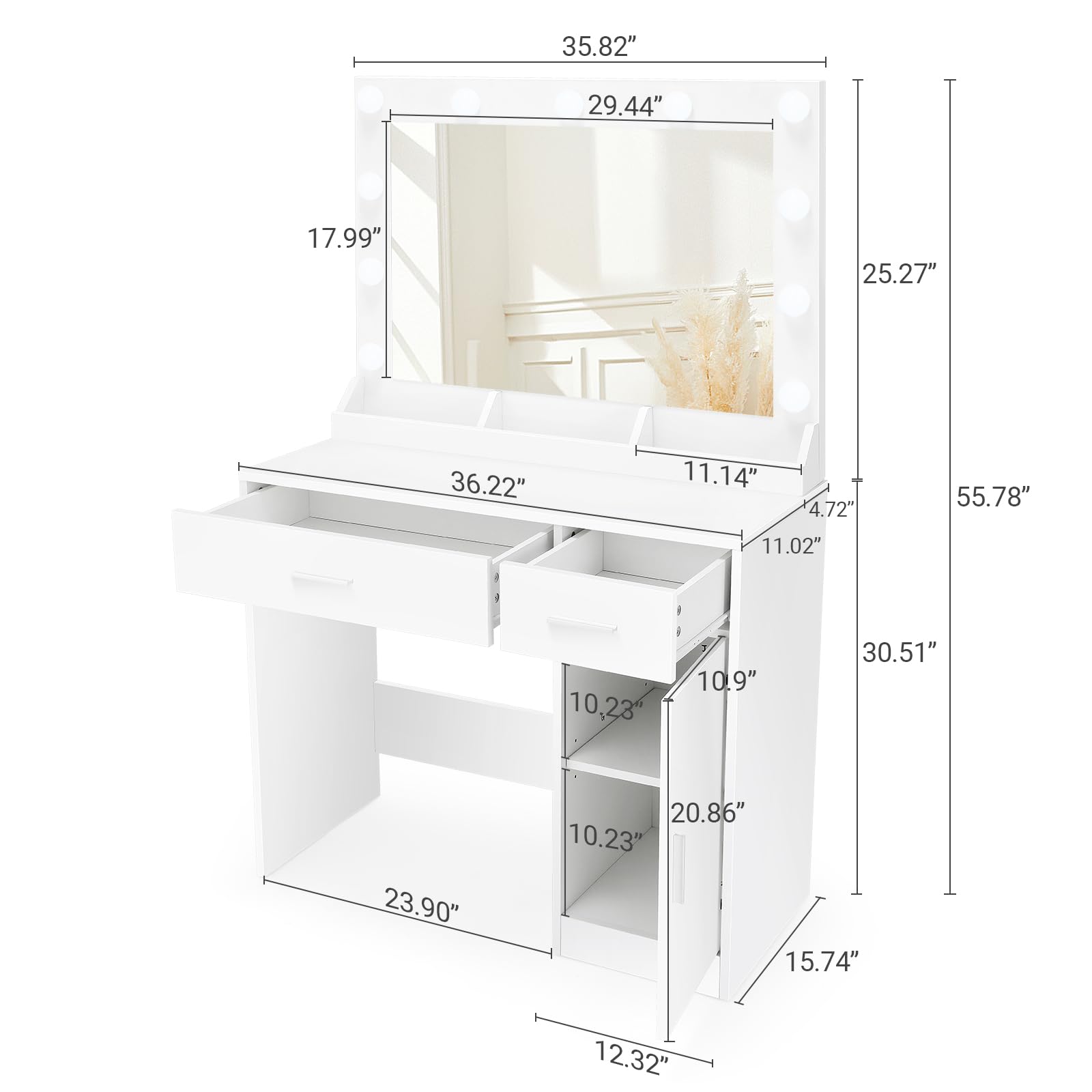 Modern White Vanity Desk with LED Lights & Mirror - Makeup Dressing Table with Charging Station, 2 Drawers & Storage Cabinet for Women & Girls - Perfect for Bedroom, Dorm Room or Home Beauty Salon