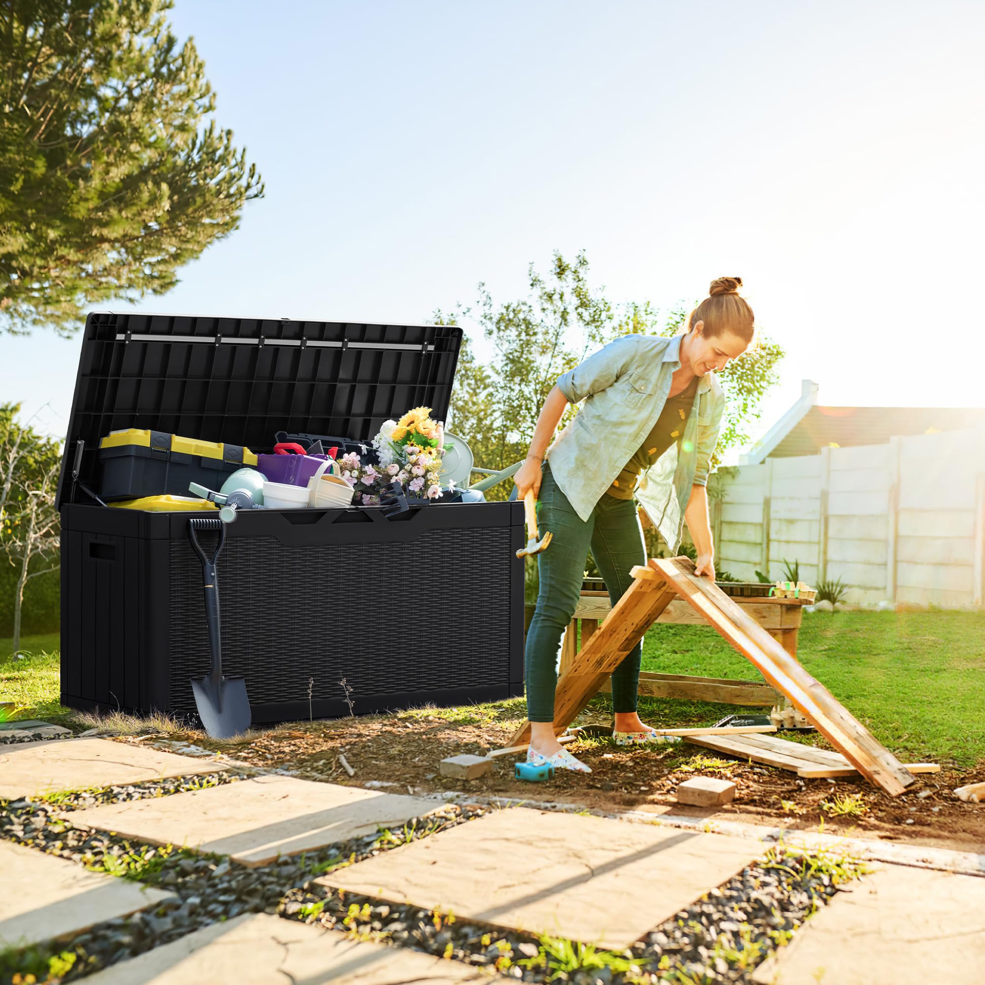 Greesum 100 Gallon Waterproof Resin Outdoor Storage Box - Black - Ideal for Garden Tools, Patio Furniture Cushions, Pool Toys & Backyard Organization - Perfect for Deck, Garage & Poolside Storage
