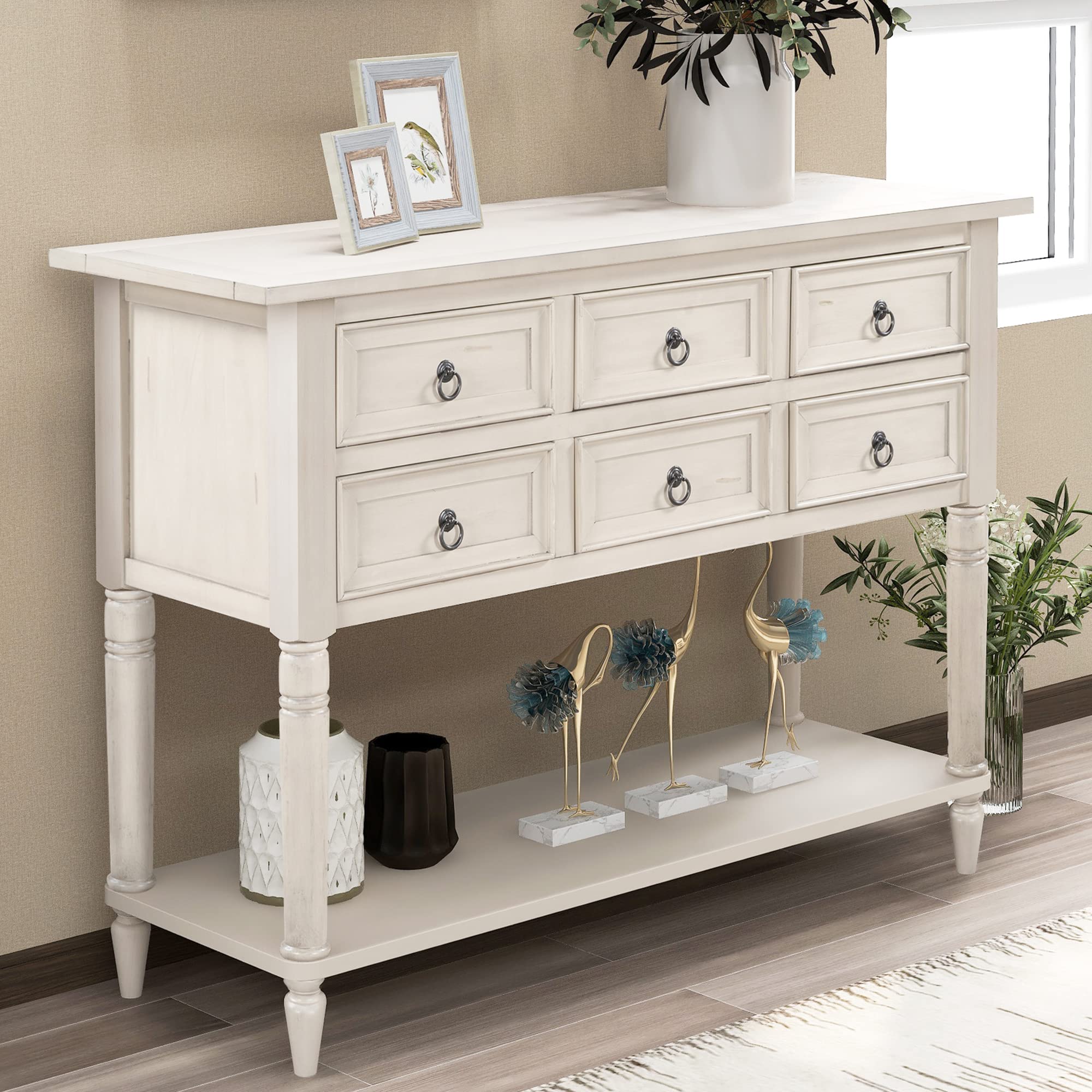 P PURLOVE 6-Drawer Long Wooden Console Table with Bottom Shelf - Entryway, Living Room & Bedroom Furniture - Perfect for Hallway Storage, Sofa Table & Home Decor