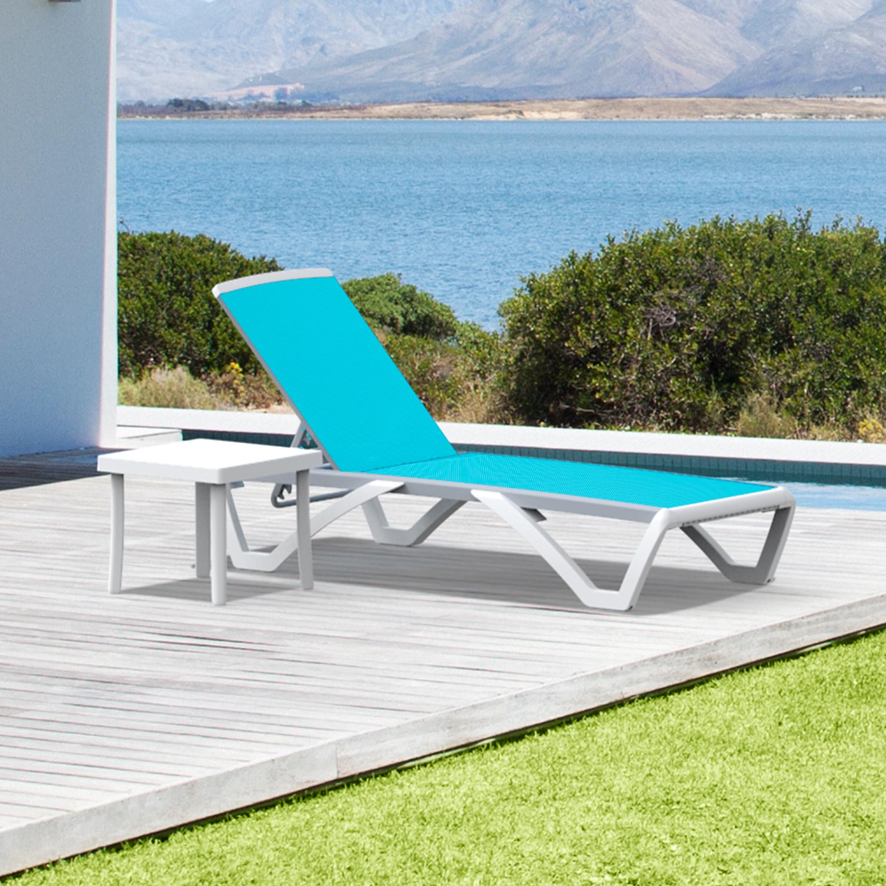 Domi Adjustable Aluminum Pool Lounge Chair with Table - All-Weather Outdoor Chaise Lounge for Deck, Lawn, Backyard & Poolside - Aqua Textilene Fabric - Perfect for Sunbathing, Relaxing by the Pool or Beach Vacation