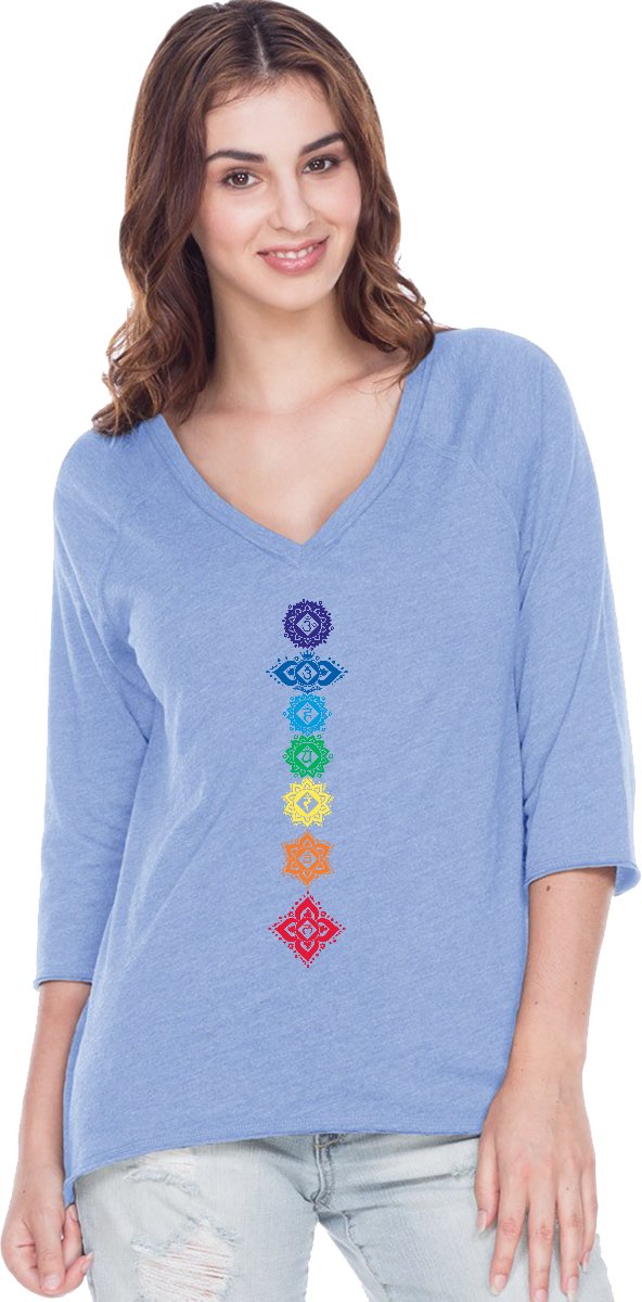 Floral Chakras 3/4 Sleeve High-Low Raglan Yoga Tee - Breathable Workout Top for Women - Perfect for Yoga, Pilates & Gym Sessions