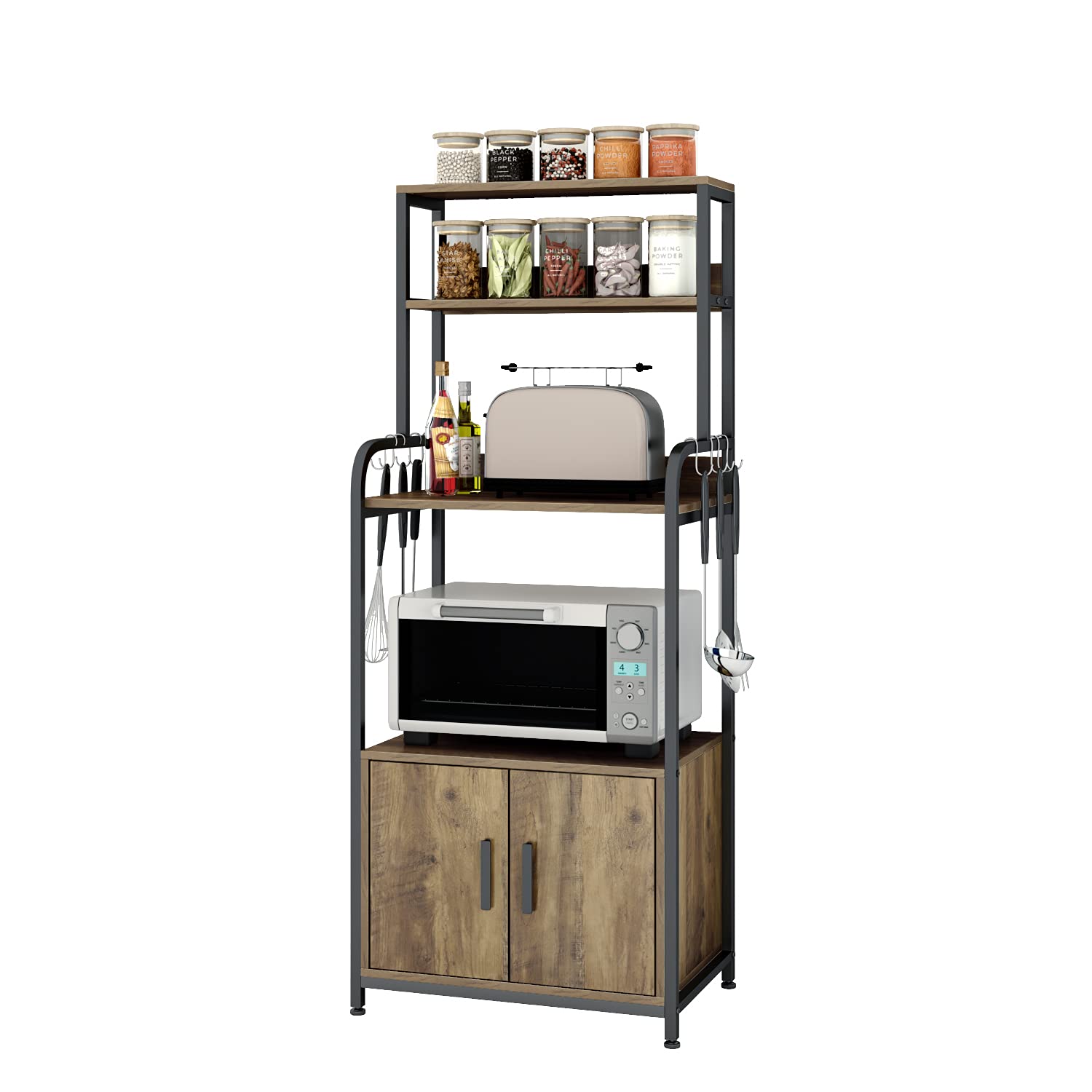 4-Tier Industrial Kitchen Baker's Rack with Hutch & Storage Cabinet - Rustic Brown Microwave Stand with 6 S-Hooks - Free Standing Pantry Organizer for Small Spaces - Easy Assembly for Kitchen, Dining Room or Garage Storage
