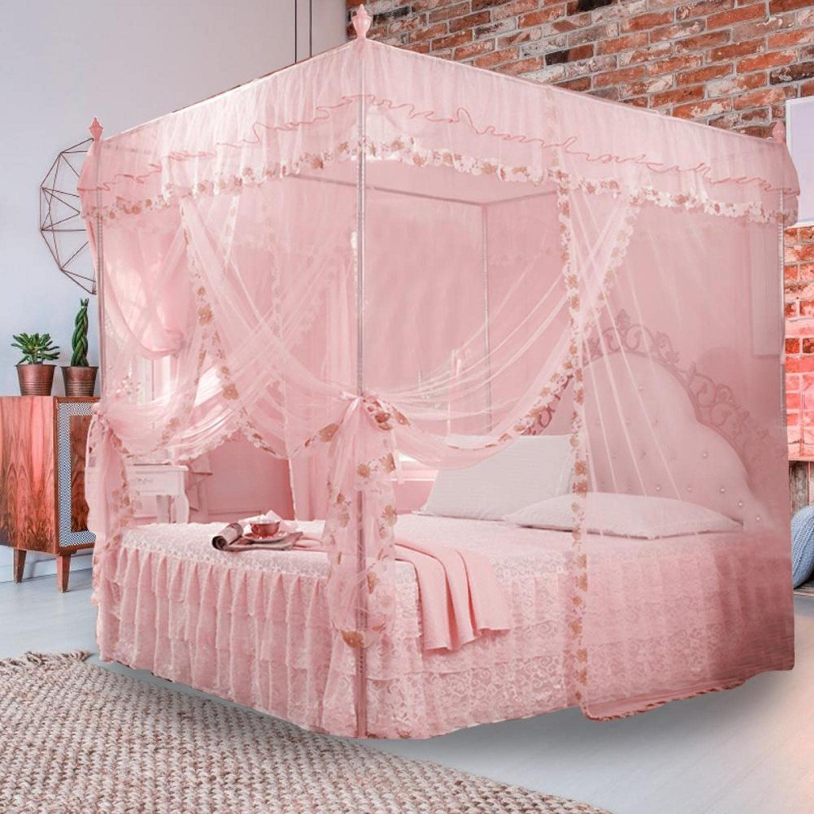 Elegant Princess 4 Corners Post Bed Canopy Set - White Mesh Netting for Bedroom Decor, Romantic Home Bedding Accessory - Perfect for Girls' Rooms, Wedding Decor & Nursery Design
