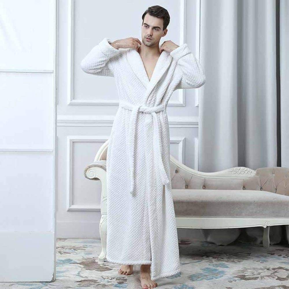 Cozy Winter Flannel Bathrobe for Men & Women - Soft Coral Fleece Kimono Robe, Long Thick Sleepwear, Bridesmaid Dressing Gown - Perfect for Cold Weather, Spa Days & Relaxing at Home (White, XL)
