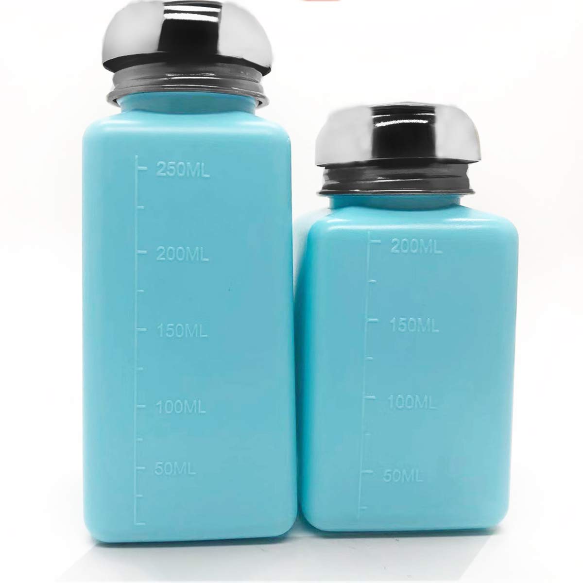 6 OZ ESD Safe Square Bottle with One Touch Stainless Steel Pump - Empty Plastic Dispenser for Alcohol, Nail Polish Remover & Cosmetics (Blue, Pack of 20) - Perfect for Salon, Lab & DIY Projects