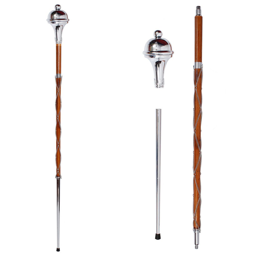 Drum Major Mace Stave - Chrome Plated 3-Part Plain Head Ball Top for Marching Band Performances & Parades