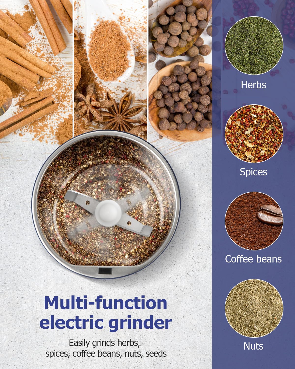 Premium Electric Herb Grinder - 304 Stainless Steel Blades & Cleaning Brush Included - Perfect for Grinding Herbs, Spices, Coffee, Nuts & Seeds - Ideal for Kitchen, Camping & Travel Use