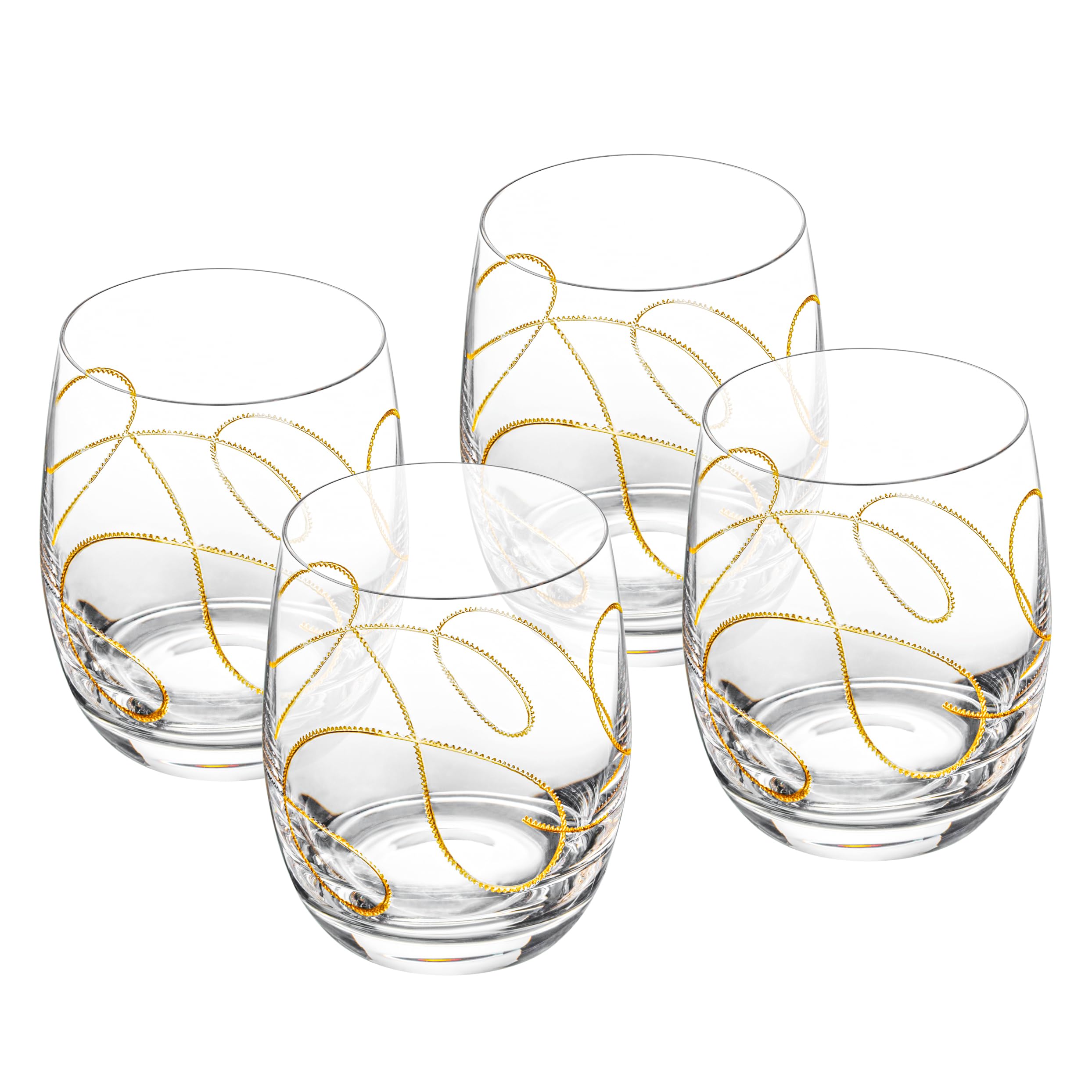 Premium Barski Glass Tumbler Set - 4 Elegant 14oz Double Old Fashioned Glasses with Gold String Design, European Crafted for Cocktails, Whiskey & Home Bar Use