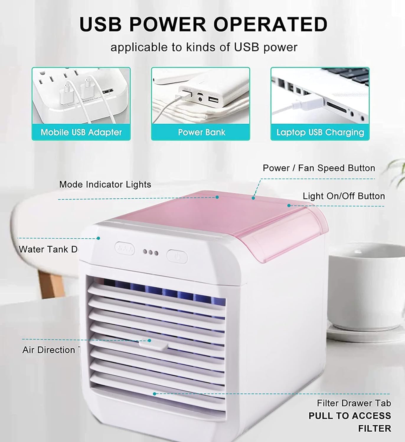 Portable Air Conditioner Fan with USB Power, Mini Air Cooler & Humidifier, Ultra Quiet Personal Cooling Fan for Home, Office, Travel, and Outdoor Use