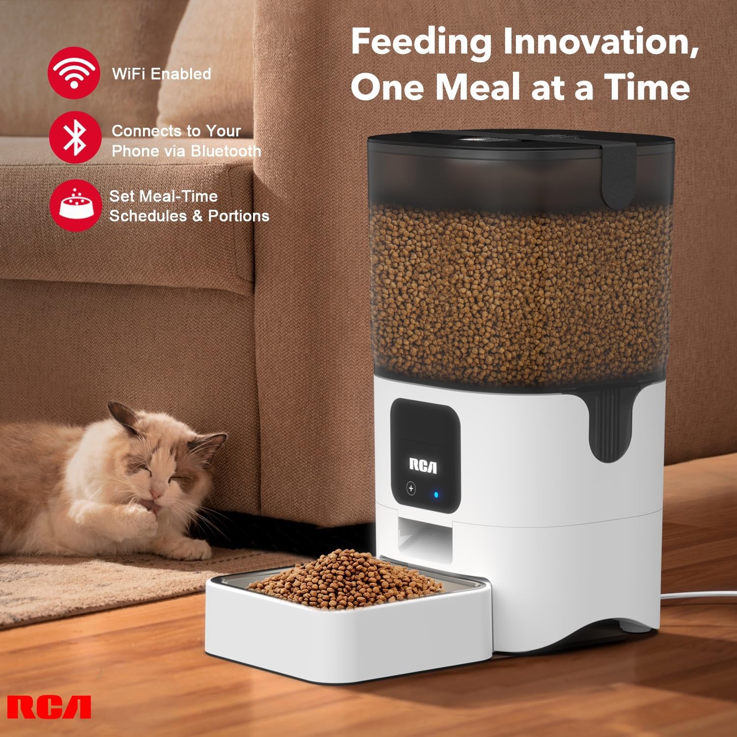 RCA Smart WiFi Pet Feeder for Dogs, Cats & Rabbits - 6L Capacity, App Control, Alexa & Google Compatible, Dishwasher Safe BPA-Free Bowls | Perfect for Home, Office & Travel Remote Feeding