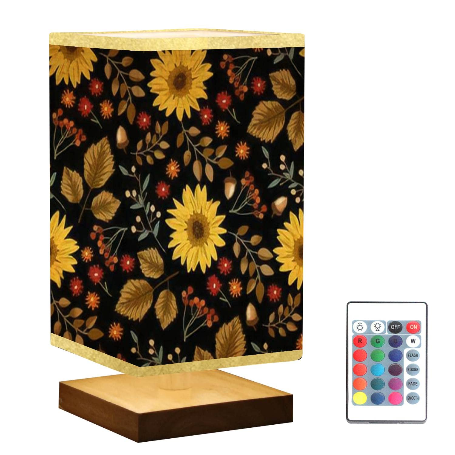 **Autumn Sunflower & Black Maple Leaf Table Lamp - Dimmable Wooden Base with Flaxen Fabric Shade for Bedroom, Living Room, Nightstand & Desk - Perfect for Cozy Reading & Relaxing**