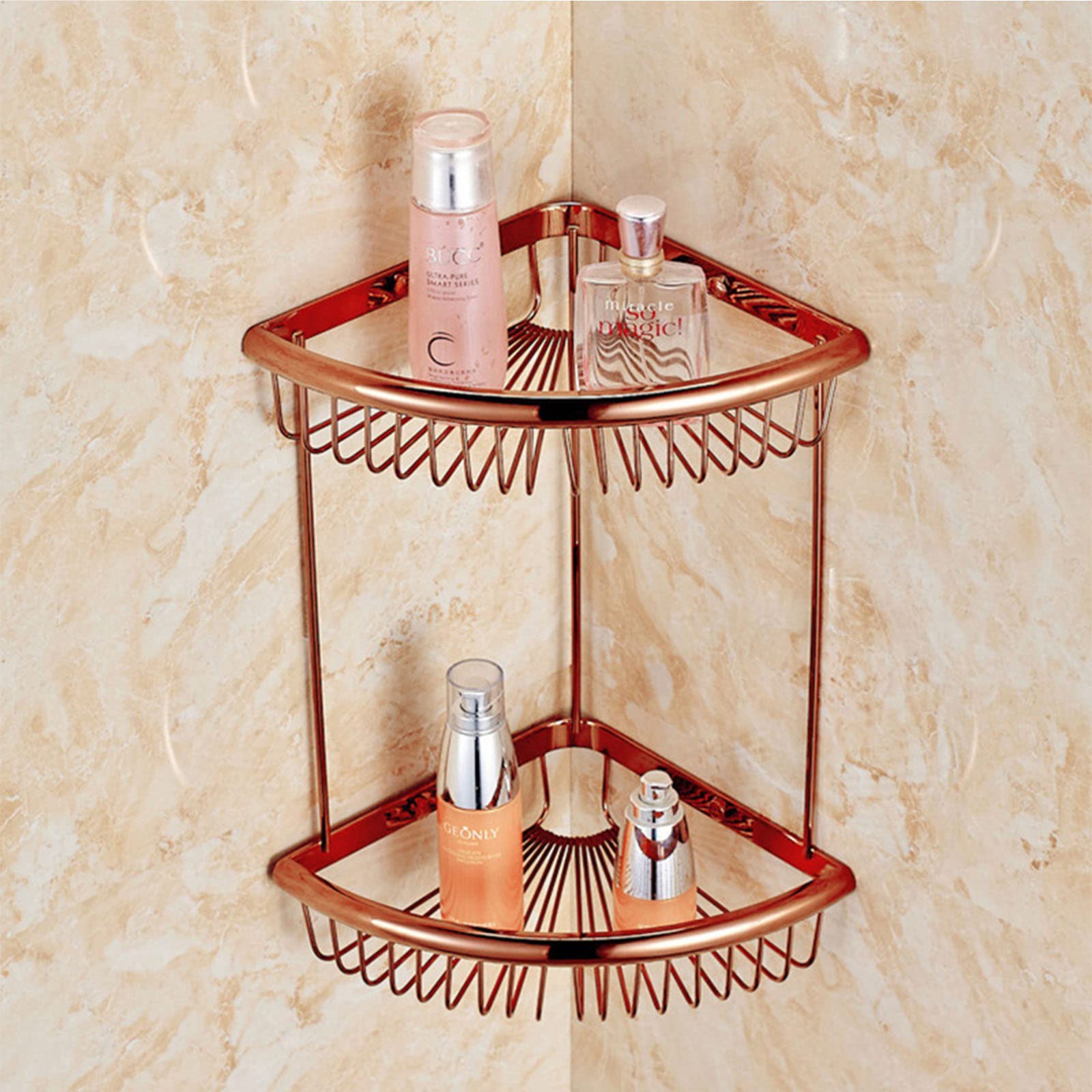 Rose Gold Brass Bathroom Accessories Set - Wall Mounted Towel Rack with Storage Basket, Modern Bathroom Hardware for Hanging Towels & Organizing Toiletries | Perfect for Spa-Style Bathrooms & Luxury Home Decor