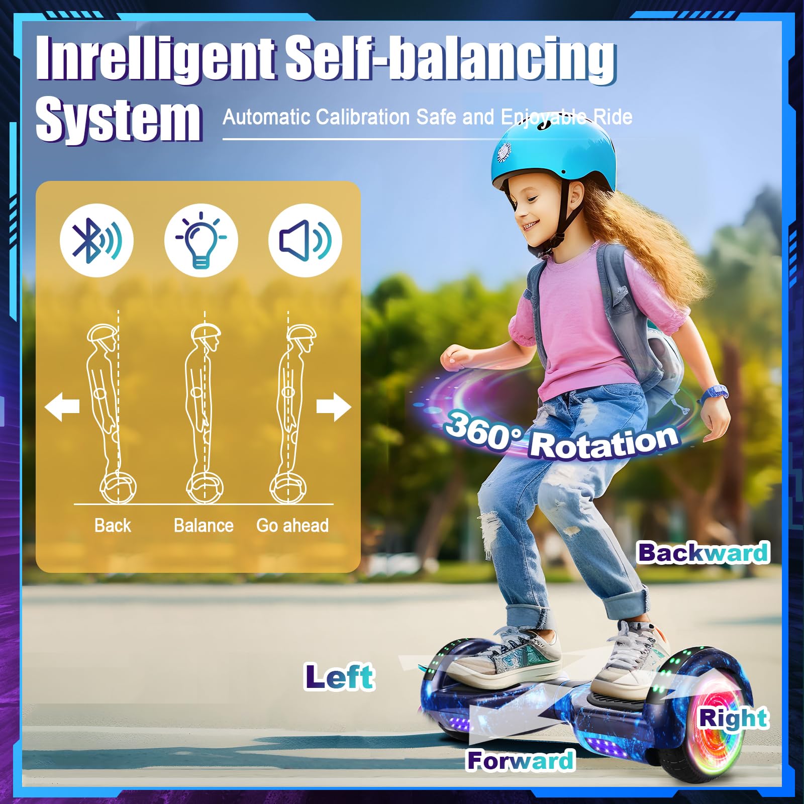 Self Balancing Scooter with Bluetooth & Colorful LED Lights - Electric Hoverboard for Kids, Teens & Adults - Perfect for Commuting, Fun Rides & Outdoor Adventures