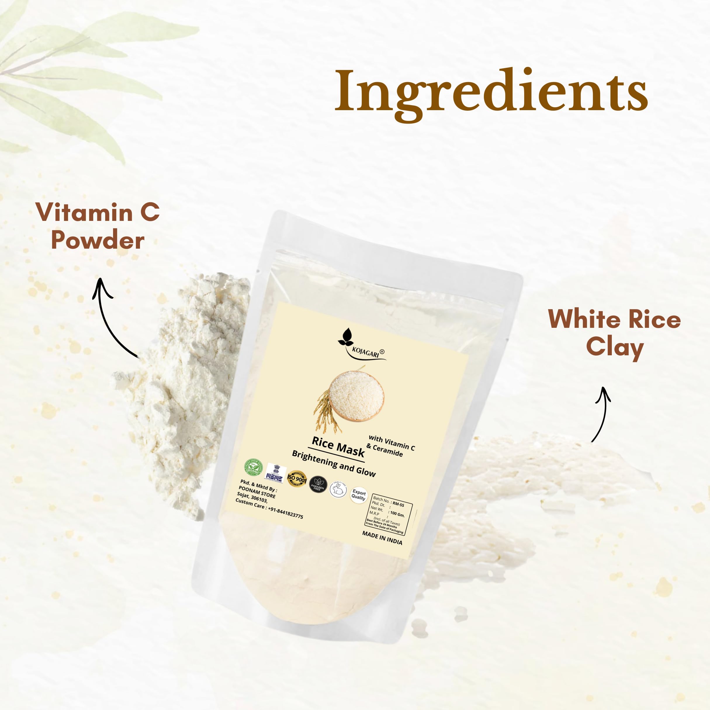 Kojagari Rice Mask with Vitamin C - Brightening & Glowing Skin Treatment for Acne, Dark Spots & Tanning - 100g Rice Powder Face Mask for Daily Skincare & Night Routine