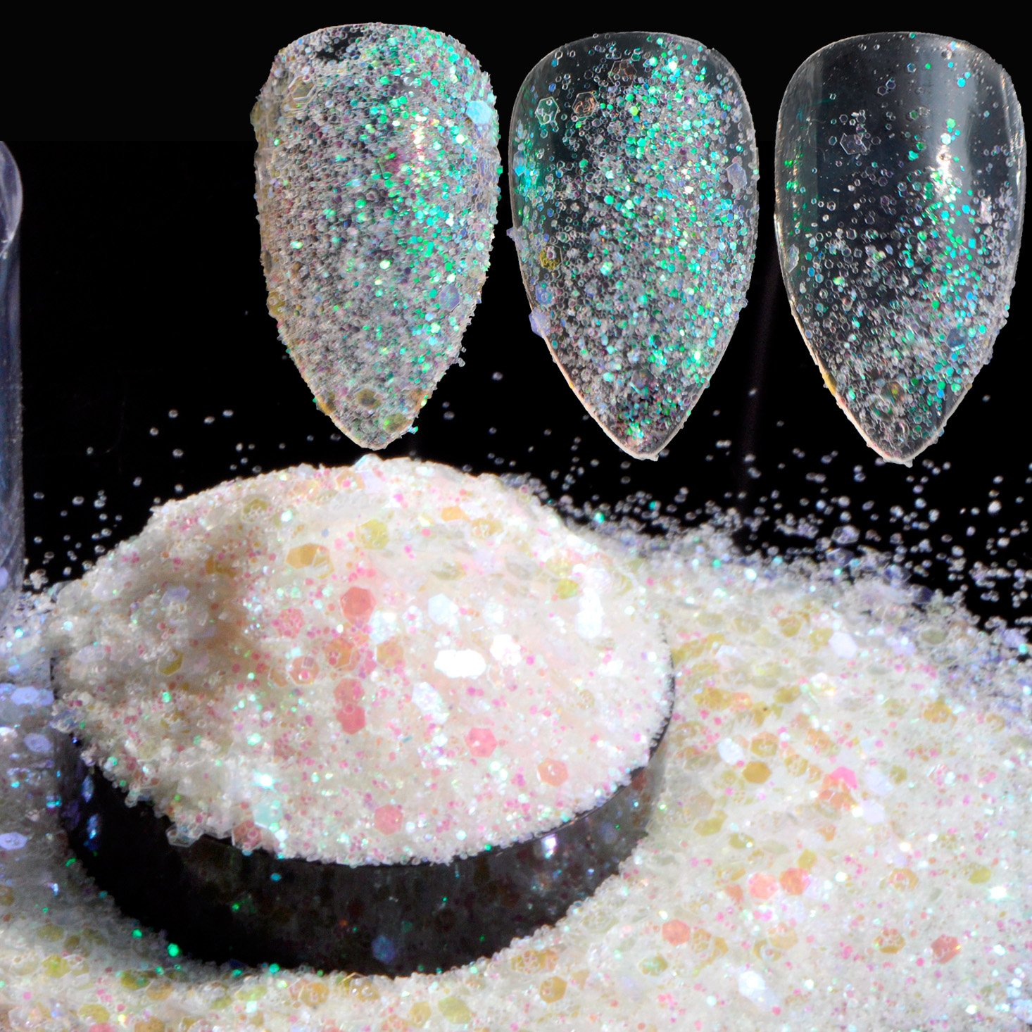 CoolNail Glitter Powder Tips - Mystic Clear Transparent Green Multicolor Mixed Size Nail Art Sheets with Shiny Holo Effect (296pcs) - Perfect for DIY Nail Designs, Salon Manicures & Party Glam Looks