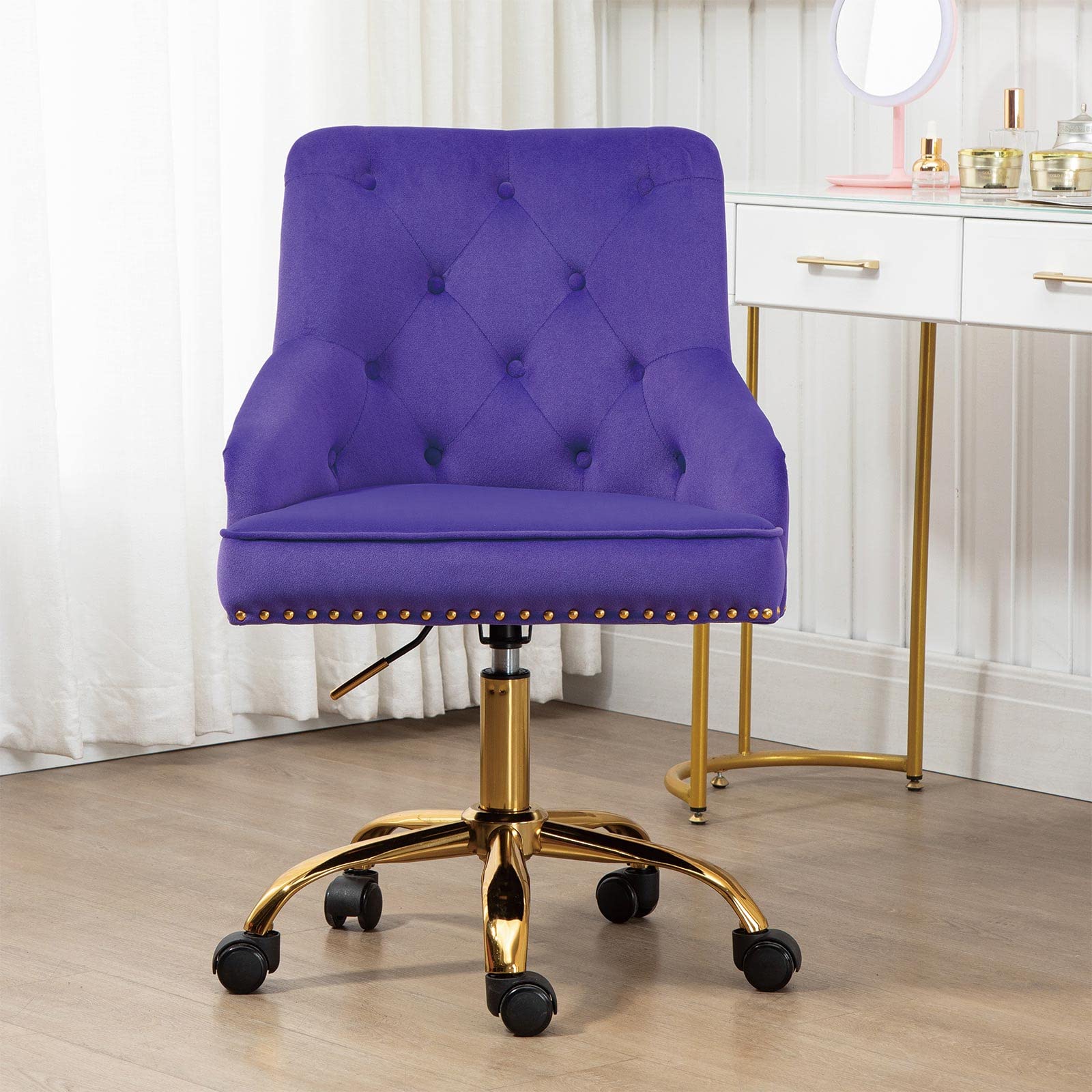 Velvet Swivel Office Chair with Adjustable Height - Modern Ergonomic Computer Desk Chair for Home Office, Living Room & Bedroom - Soft Padded Seat & Smooth Rolling Wheels (Purple) - Perfect for Remote Work, Gaming & Study Sessions