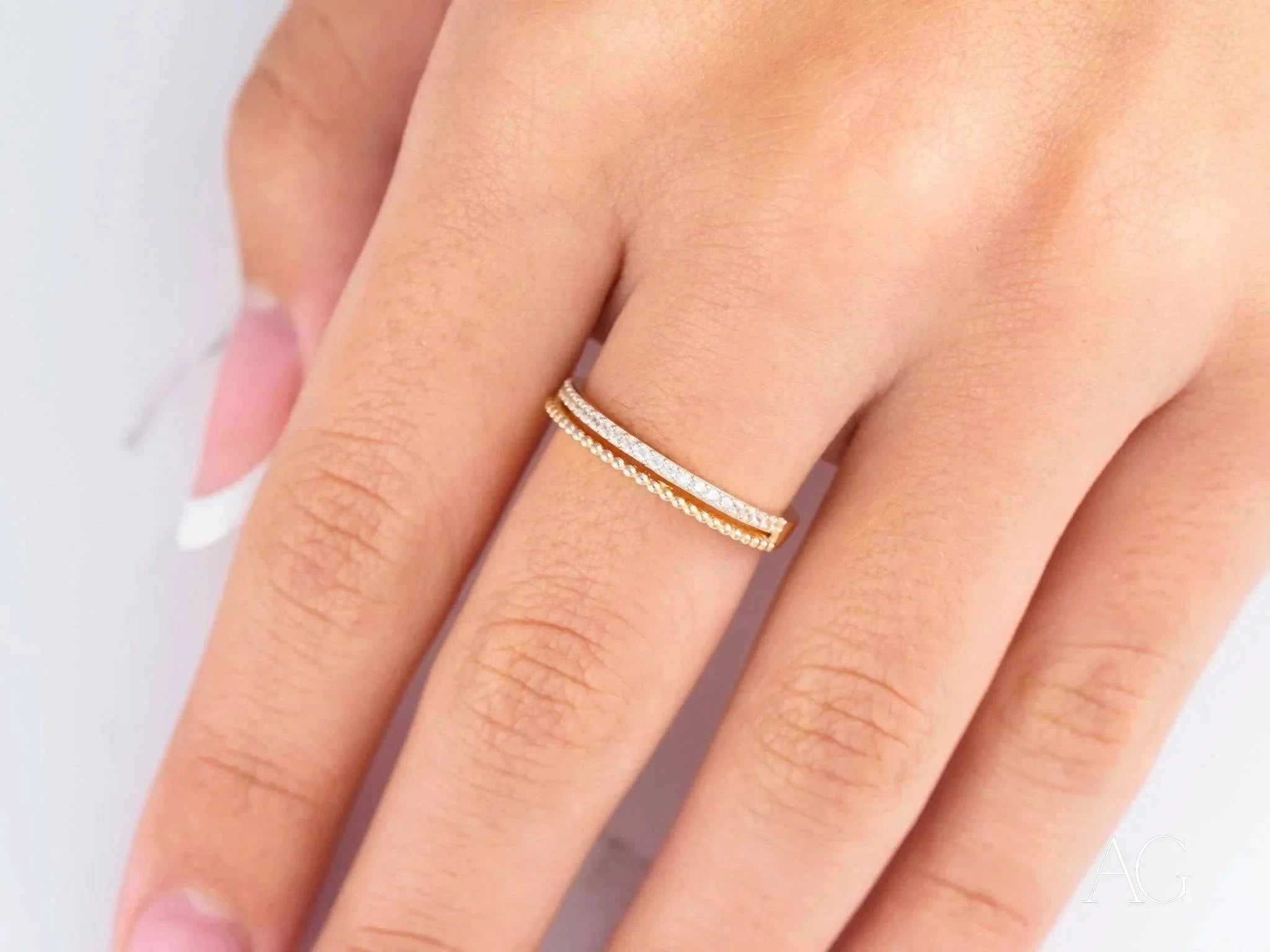 18K Yellow Gold CZ Half Round Ring - Elegant & Timeless Jewelry for Women, Perfect for Weddings, Anniversaries & Special Occasions