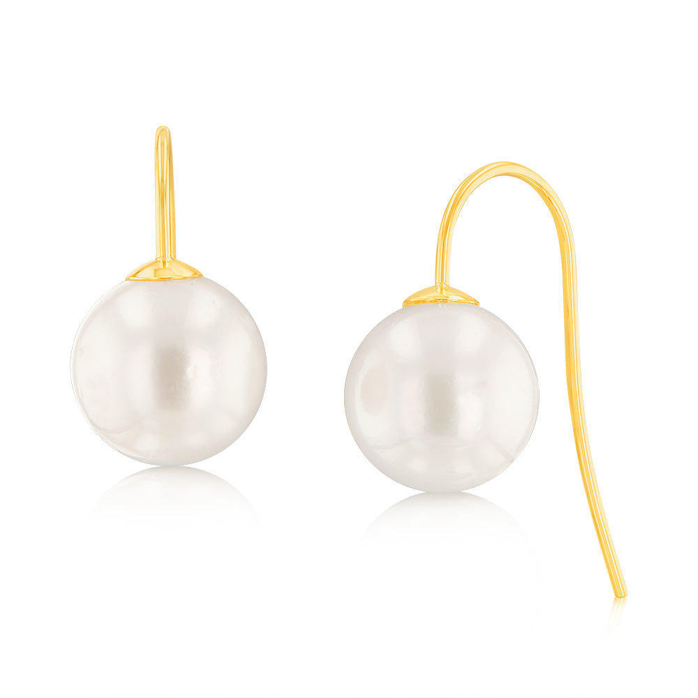 9ct Yellow Gold 9-11mm White South Sea Pearl Hook Drop Earrings - Elegant Pearl Jewelry for Women, Perfect for Weddings, Parties & Special Occasions