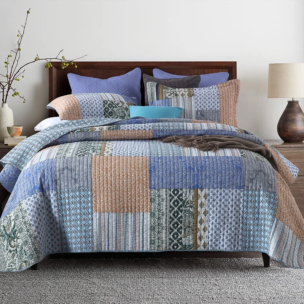 Autumn Dream Cotton Bedspread Quilt Set - Reversible Bohemian Paisley Patchwork Blue Comforter Coverlet | Queen Size Bedding for Cozy Fall & Winter Nights