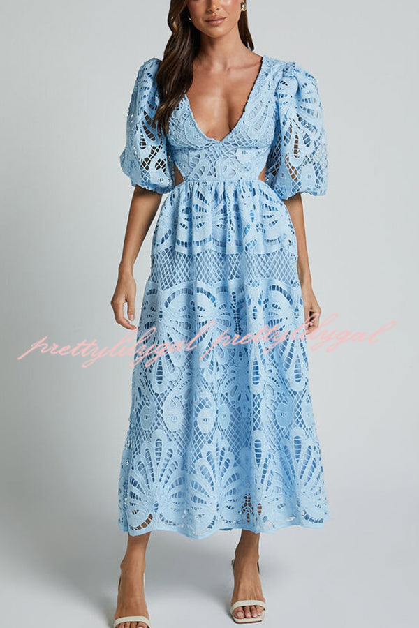 Elegant Solid Color V-Neck Lace Maxi Dress for Women - Sexy Hollow Out Waistless Long Dress for Summer, Beach, Party & Evening Wear