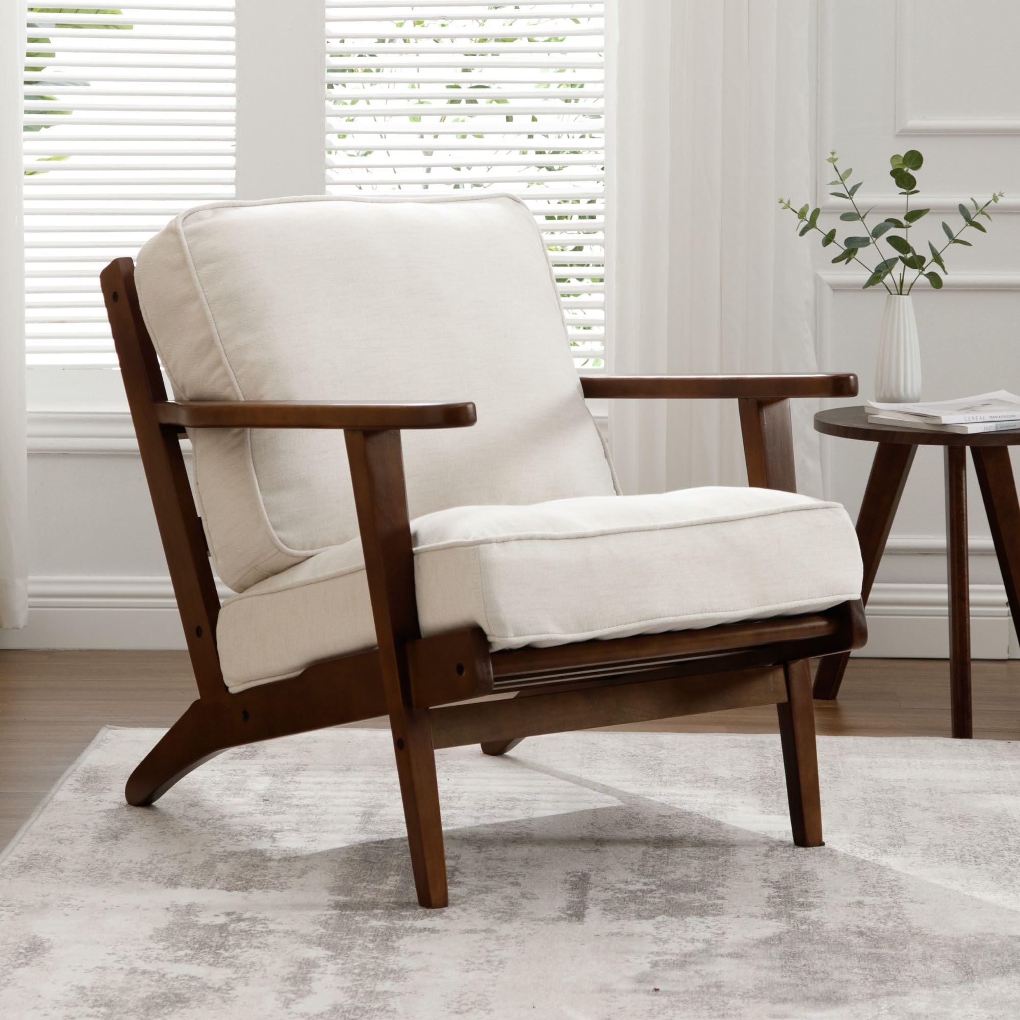 Mid-Century Modern Accent Chair - Fabric Upholstered Armchair with Wooden Legs, Comfortable Low Back Lounge Chair for Living Room & Bedroom - Beige - Perfect for Reading Nooks, Cozy Corners & Small Spaces