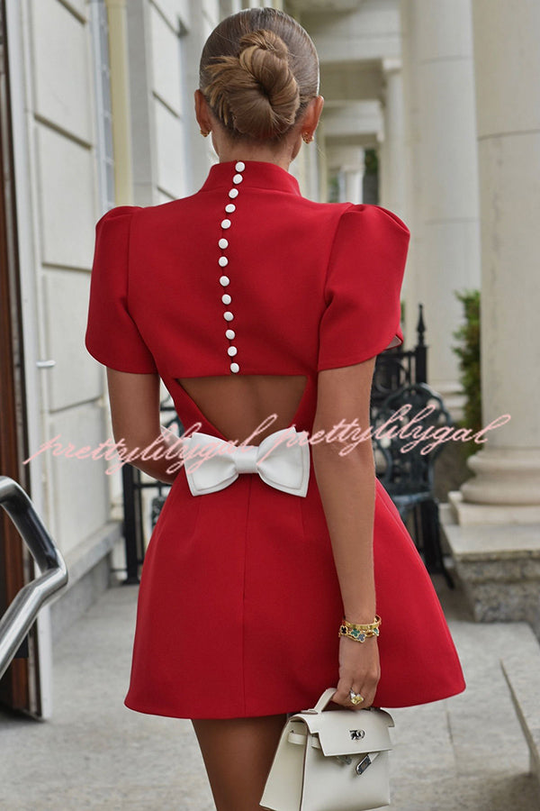 Sweet Moment Slit Short Sleeve Backless Removable Satin Bow Mini Dress - Sexy Party Club Dress for Women, Perfect for Night Out, Date Night & Special Occasions