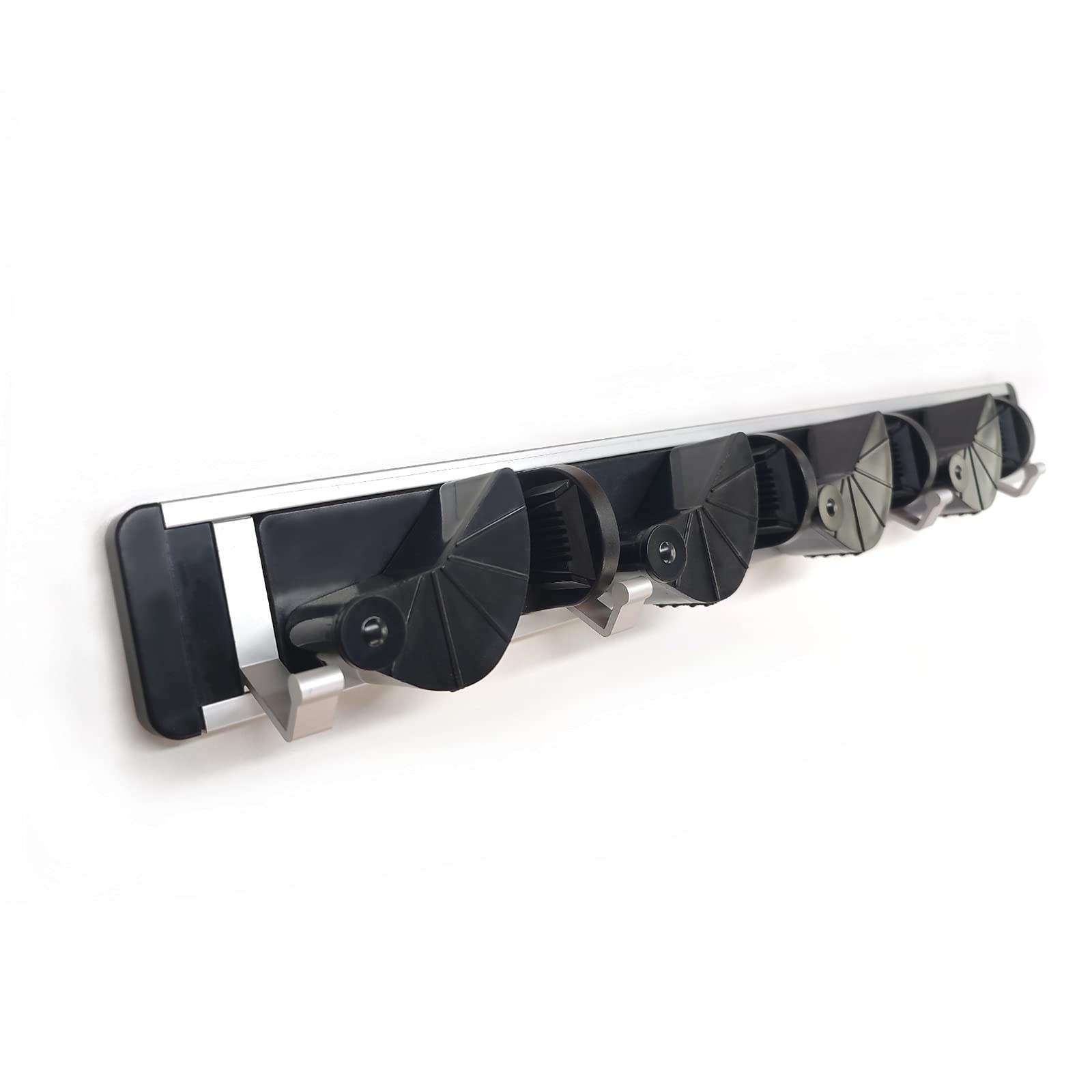 Noiclub Aluminum Wall Mount Mop and Broom Holder - 4 Slots & 4 Hooks Pantry Organizer for Kitchen, Garden Tools - Space Saving Home Storage Solution for Cleaning Supplies (Black) - Perfect for Garage, Laundry Room, and Closet Organization