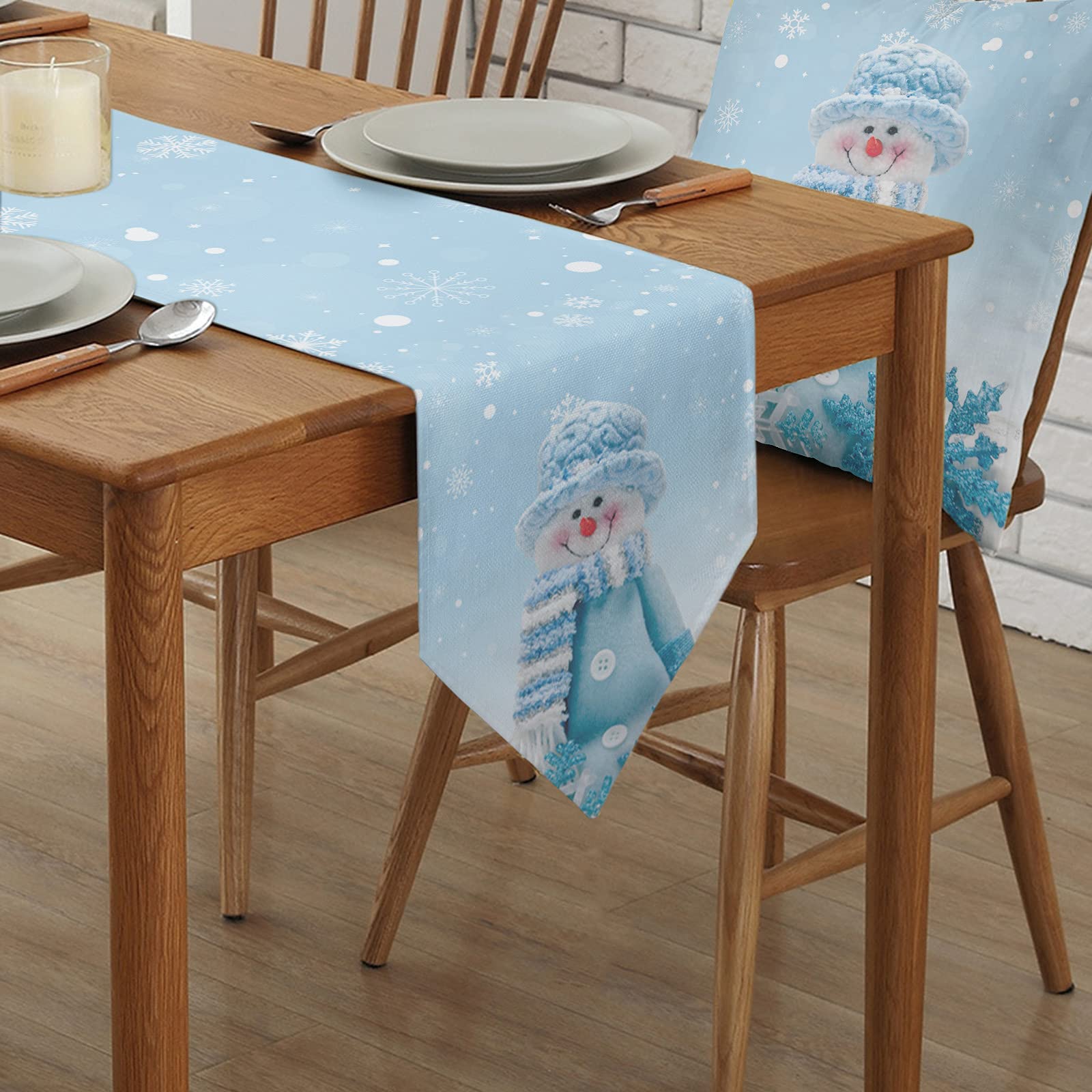 70 Inch Christmas Snowman Table Runner - Winter Snowflakes Blue Non-Slip Washable Dining Decor for Farmhouse Kitchen, Coffee Table & Holiday Party | Perfect for Christmas Dinner, Winter Gatherings & Festive Home Decoration