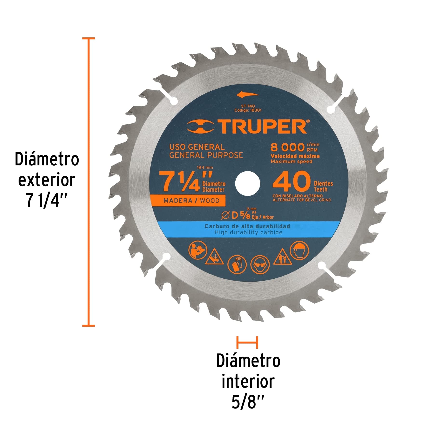 TRUPER ST-740 7 1/4 Inch 40-Tooth Circular Saw Blade with 5/8 Inch Arbor for Wood Cutting - Perfect for DIY Projects, Carpentry, and Woodworking