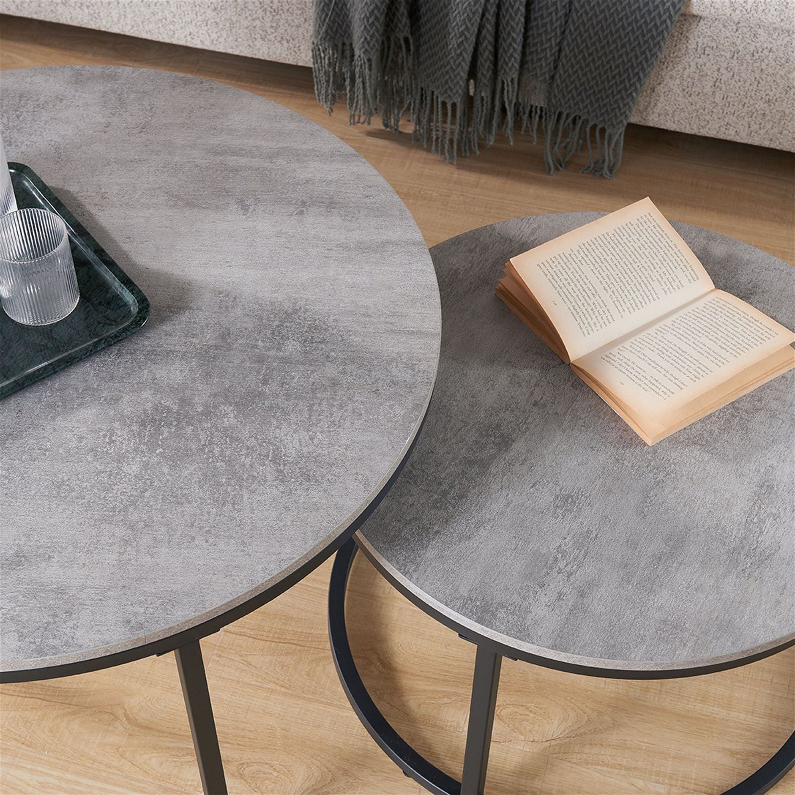 Censi ECHO 800 Nested Coffee Table Set - Modern Cement Finish Side Tables for Living Room, Lounge & Office Decor