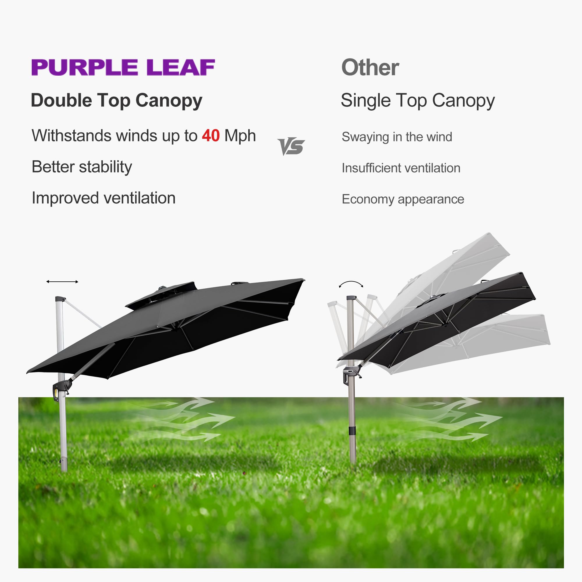 PURPLE LEAF 12ft Double Top Deluxe Square Patio Umbrella - Offset Hanging Cantilever Outdoor Market Umbrella for Garden, Backyard, Poolside (Black) | Durable Sun Shade for Patio Furniture & Outdoor Dining