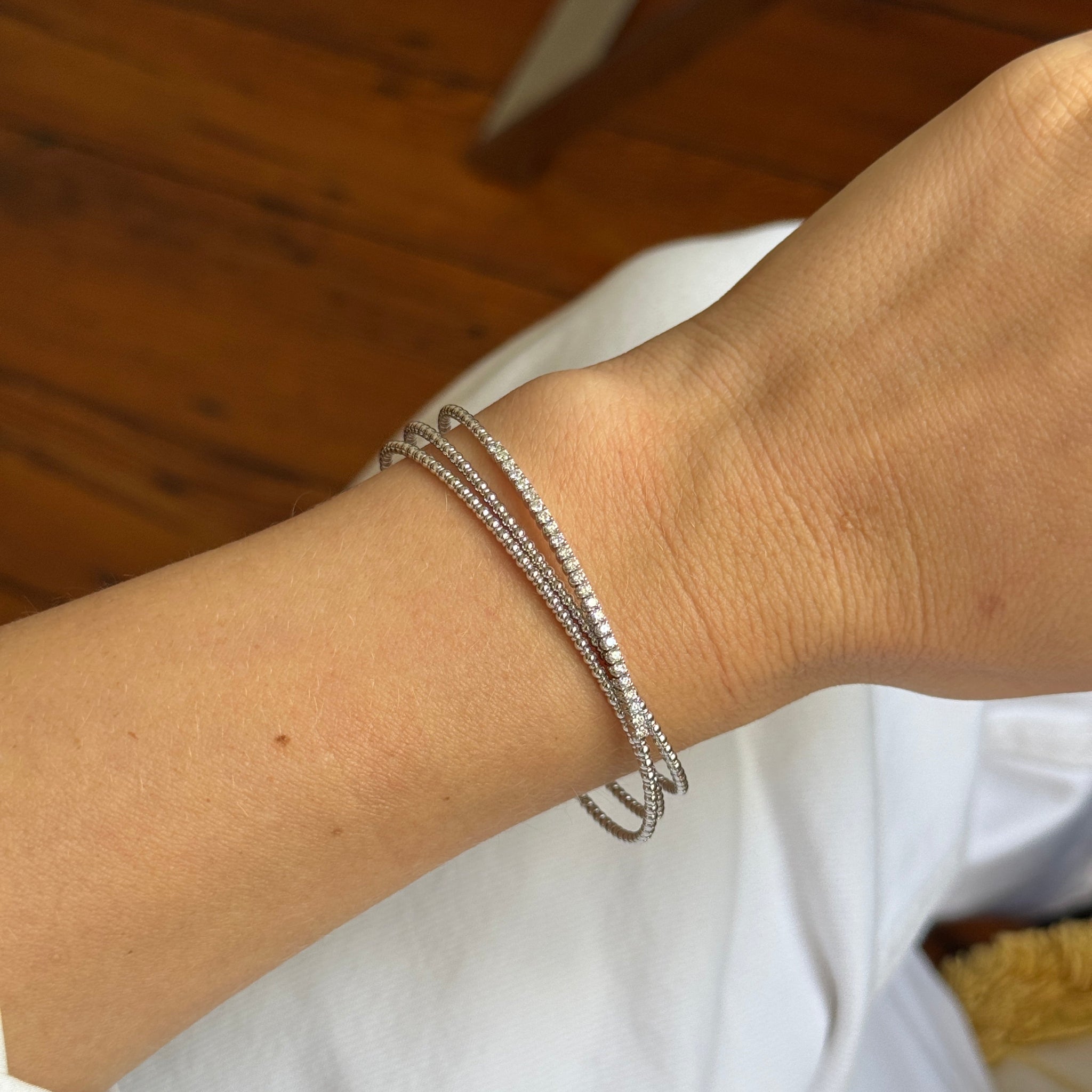 14K White Gold Diamond Crossover Beaded Flexible Triple Bangle Stackable Bracelet for Women - Perfect for Weddings, Parties & Everyday Elegance