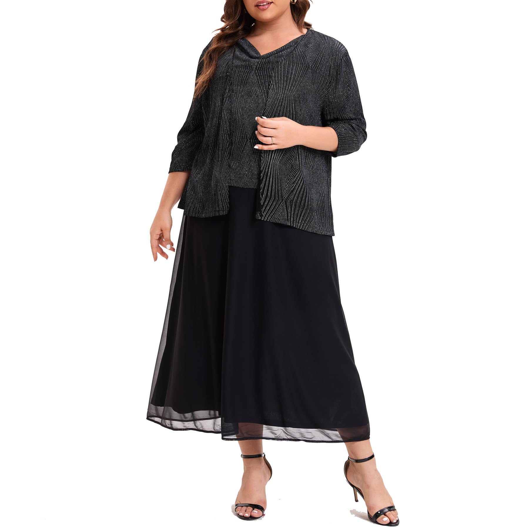 Plus Size Mother of The Bride Suits - Elegant Tea Length Glitter Jacket Dress Set for Women | Formal Evening Gowns & Special Occasions | Perfect for Weddings, Galas & Holiday Parties