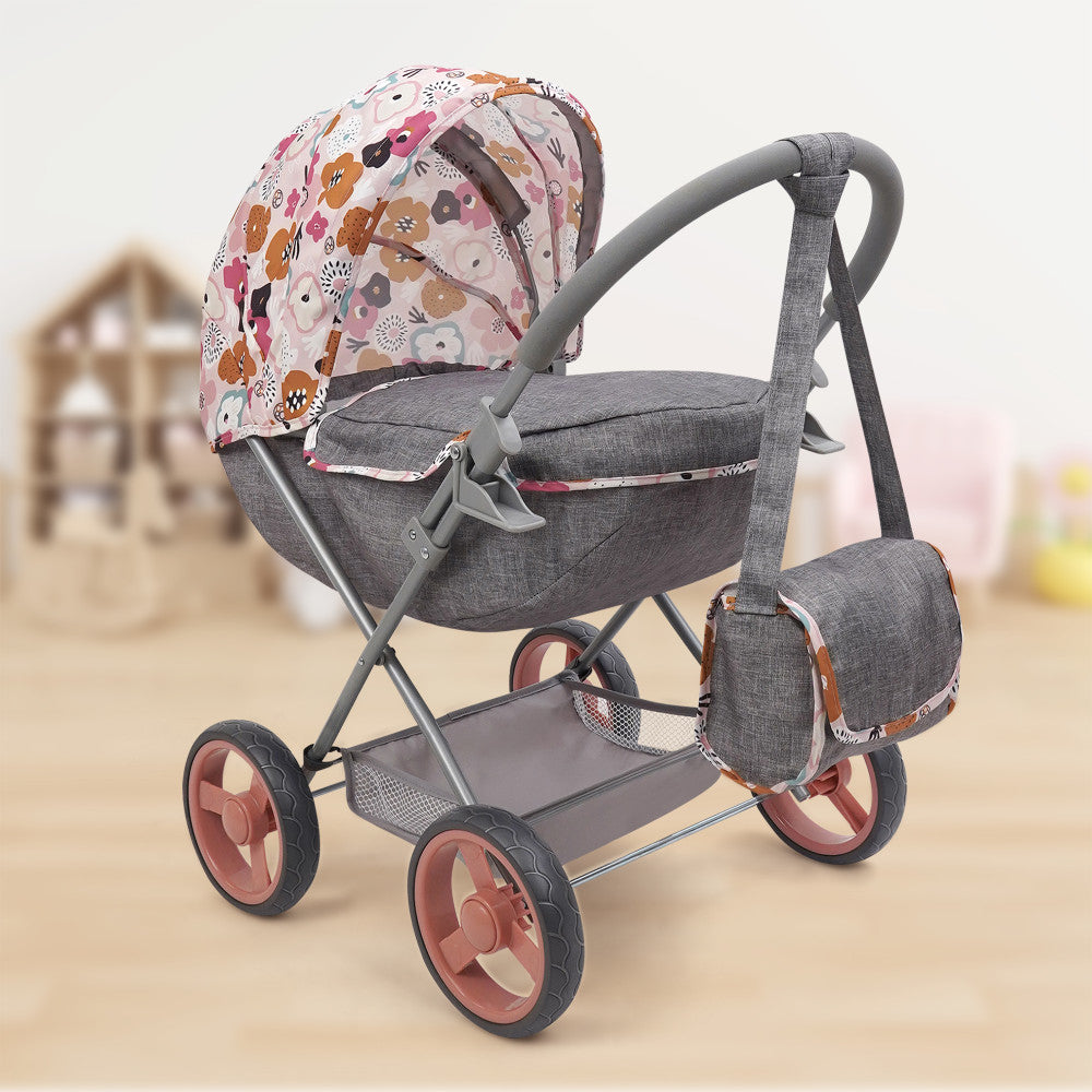 509 Crew Melange Flora Deluxe Doll Stroller with Matching Shoulder Bag - Perfect for Pretend Play, Tea Parties & Outdoor Adventures