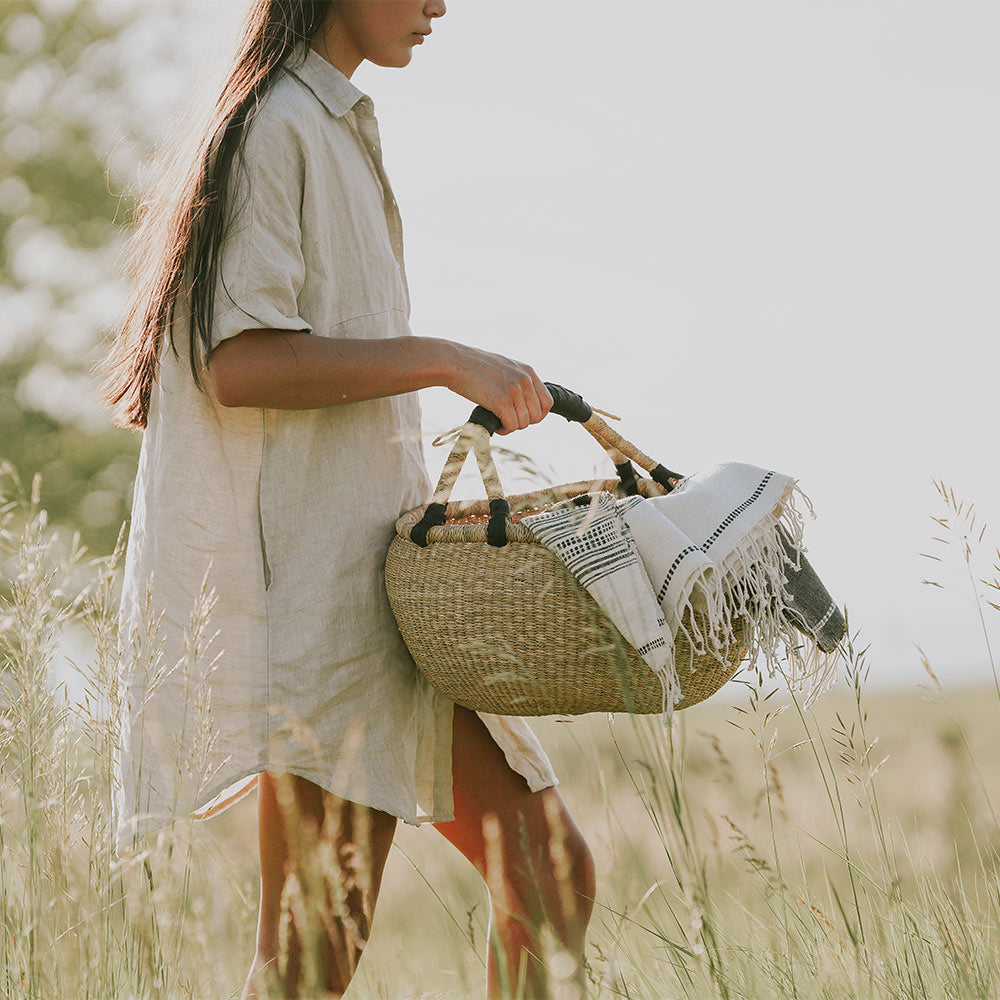 Handwoven Bolga Basket with Black Leather Handle - Stylish Storage for Home Decor, Picnics & Farmers Market Shopping