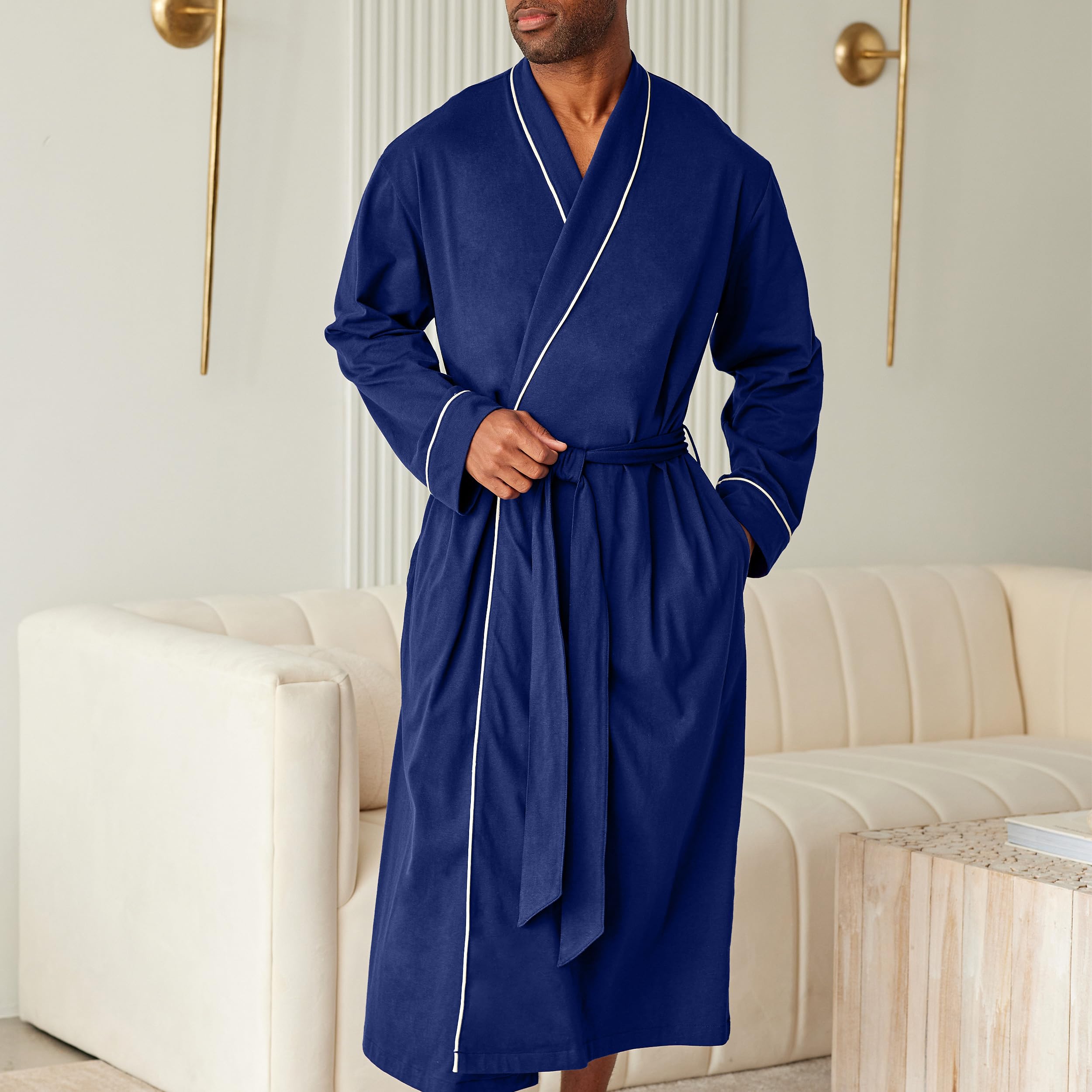 Alexander Del Rossa Men's Cotton Bathrobe with Pockets - Soft Lightweight Robe for Lounge, Spa & Home Relaxation