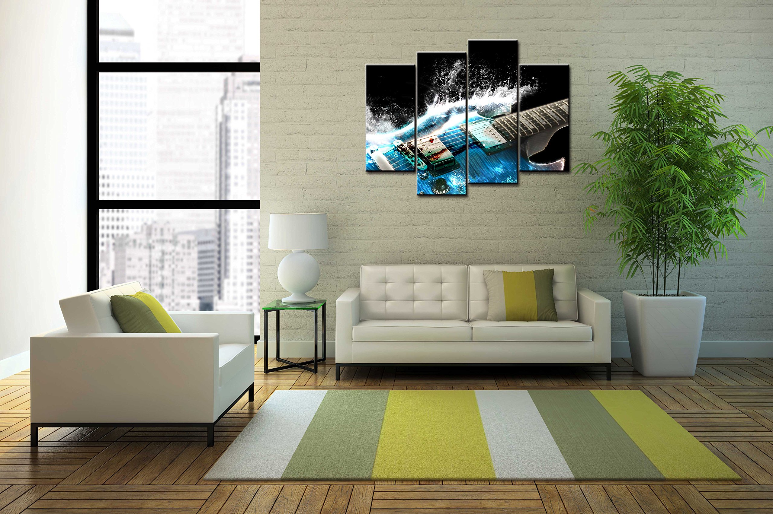 Blue Guitar & Wave Canvas Art - 4 Panel Music Wall Decor for Living Room Gifts