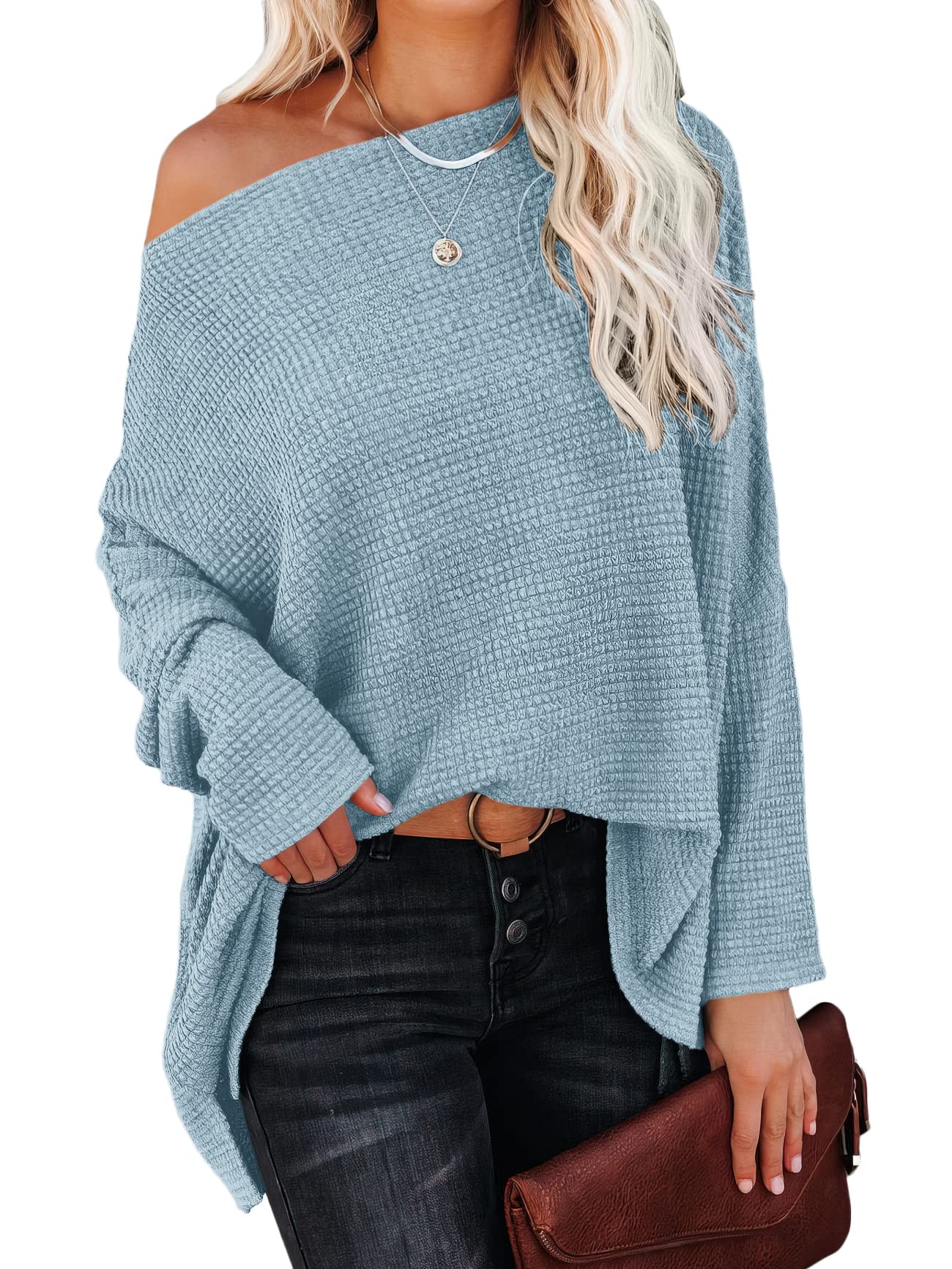 ANRABESS Women's Casual Loose Fit Off-Shoulder Long Sleeve Batwing Waffle Knit Oversized Pullover Sweater Shirt | Fall Winter Fashion Layering Piece for Work, Date Night & Weekend Outfits