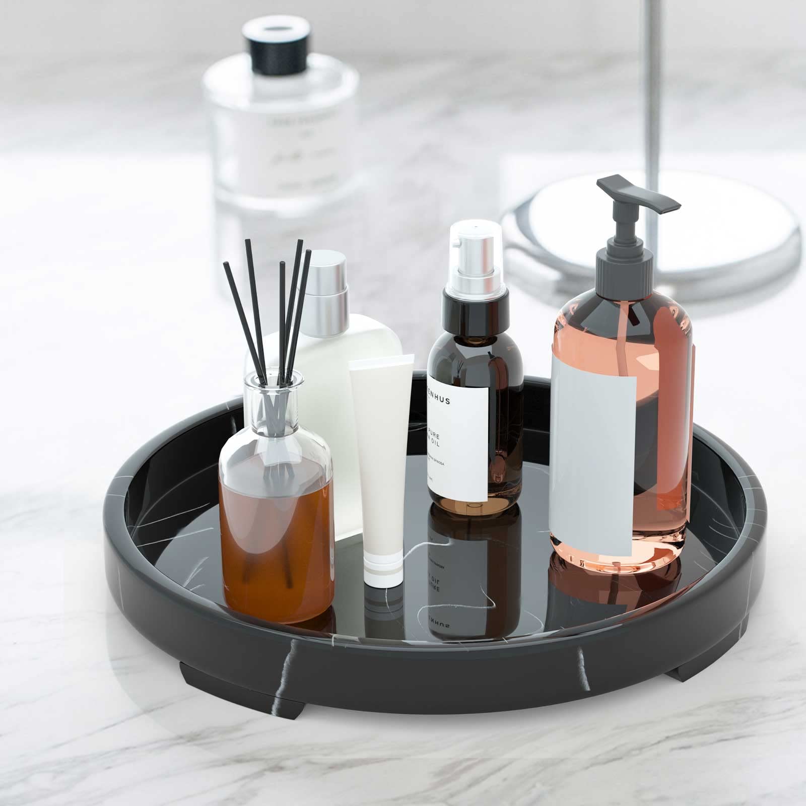 Jolitac Marble Bathroom Tray - Elegant Perfume & Jewelry Organizer with Ring Holder | Stylish Countertop Decor for Vanity, Kitchen, Coffee Table | Perfect for Candles, Soap, Towels & Tissue Box | Modern Home & Bathroom Accessory