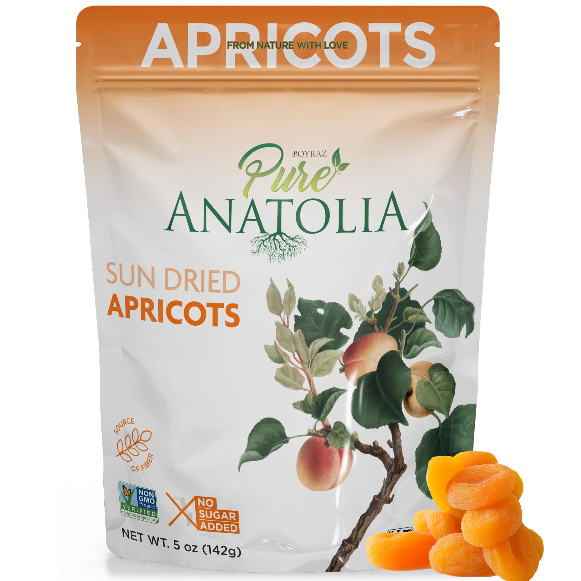 Pure Anatolia 100% Natural Turkish Sun Dried Apricots - No Sugar Added, Non-GMO, Vegan, Halal, Kosher, Healthy Fiber Snack - 5oz Resealable Bag - Perfect for Hiking, School Lunches & Healthy On-the-Go Snacking