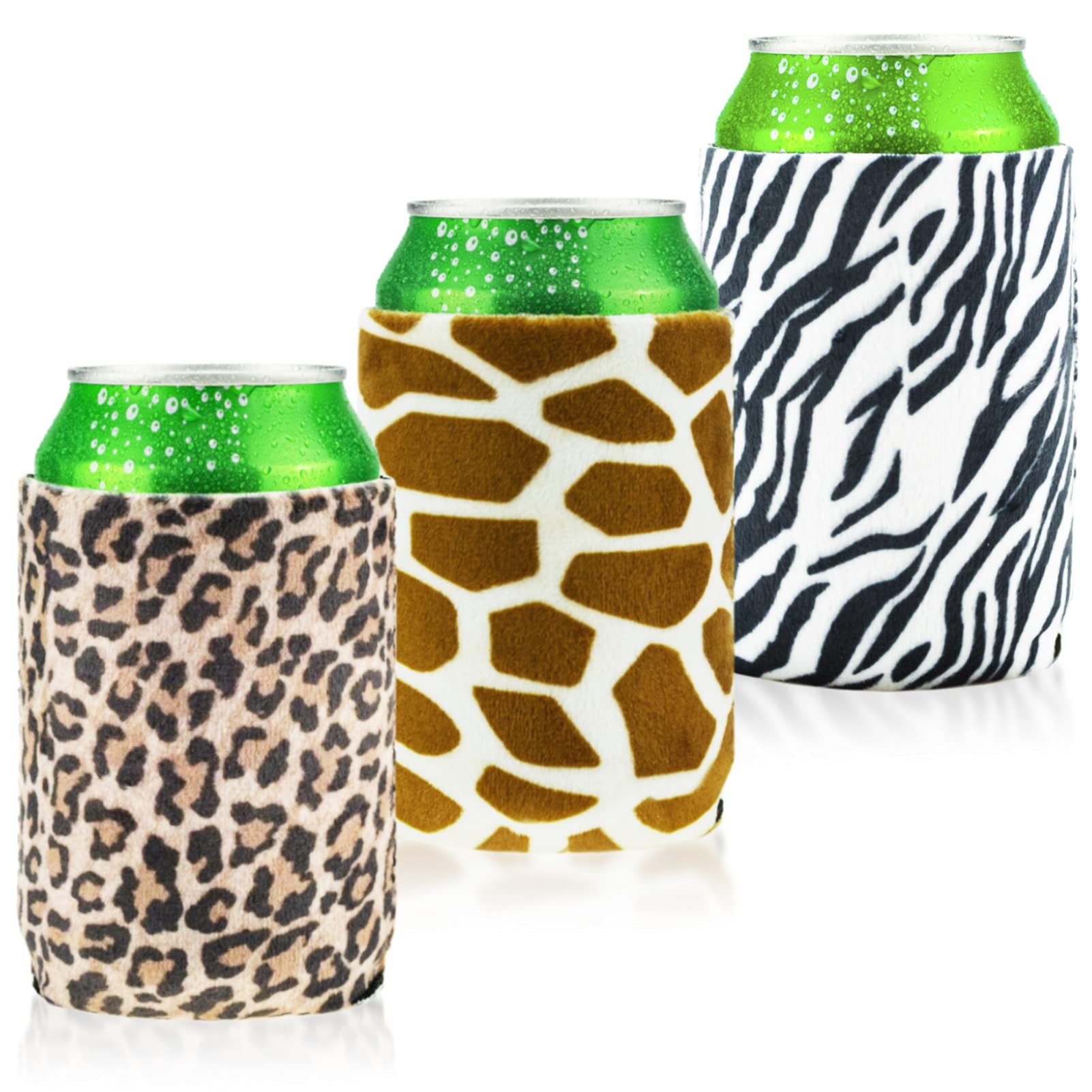 Carol Velvet Neoprene Beer & Soda Can Cooler Sleeves (3-Pack) - Insulated Beverage Bottle Covers for Cold Drinks | Perfect for BBQ, Bachelor Parties, Weddings & Outdoor Events (Cheetah, Giraffe, Zebra Print)