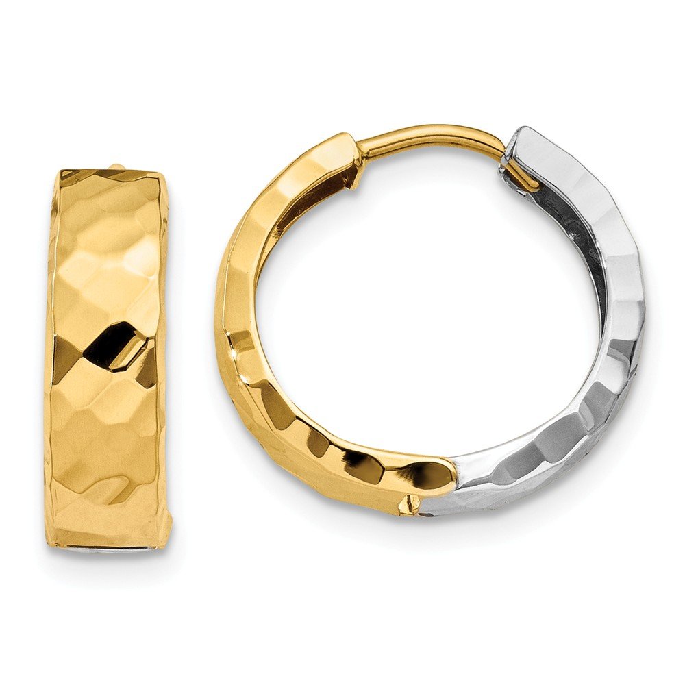 14K Two-Tone Gold Textured Hinged Hoop Huggie Earrings (14mm x 15mm) - Elegant Everyday Jewelry for Women, Perfect for Work, Date Night & Special Occasions