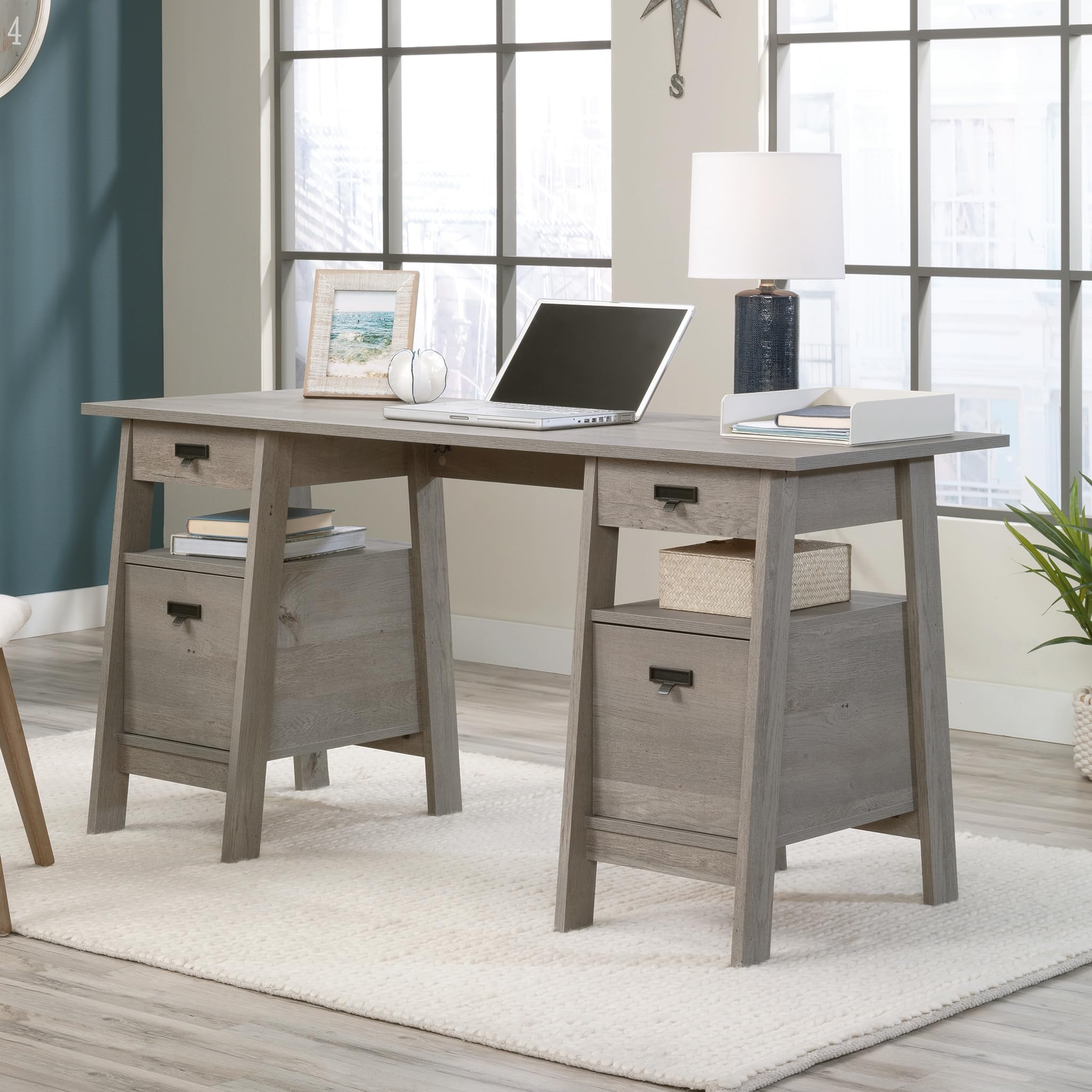 Sauder Trestle Office Desk with Drawers - Executive Writing Desk with File Cabinet Storage, Shelves & Cable Management in Mystic Oak Finish - Perfect for Home Office, Study Room & Workspace Organization